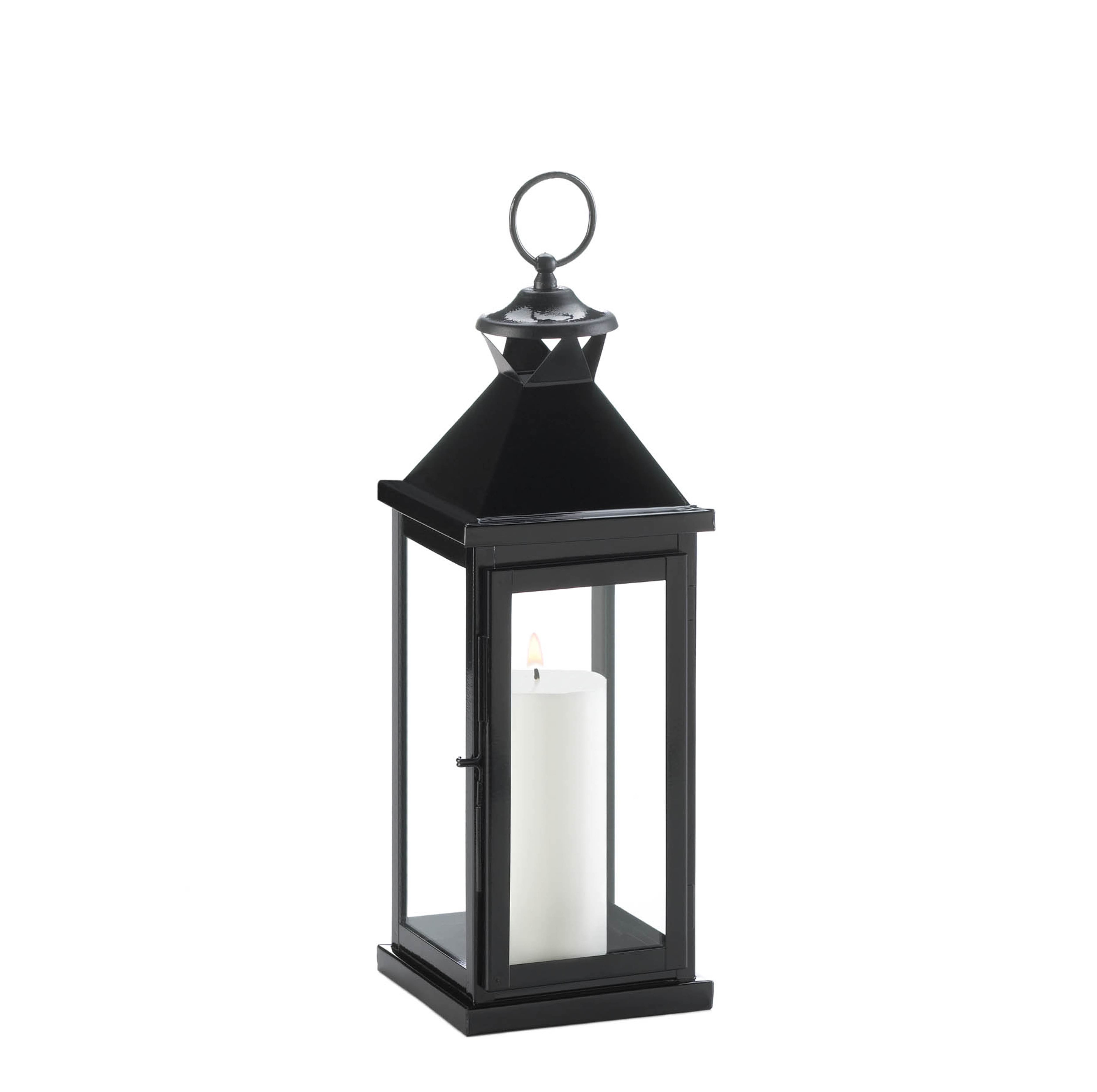 17.5&#x22; Glossy Black Iron &#x26; Glass Lantern