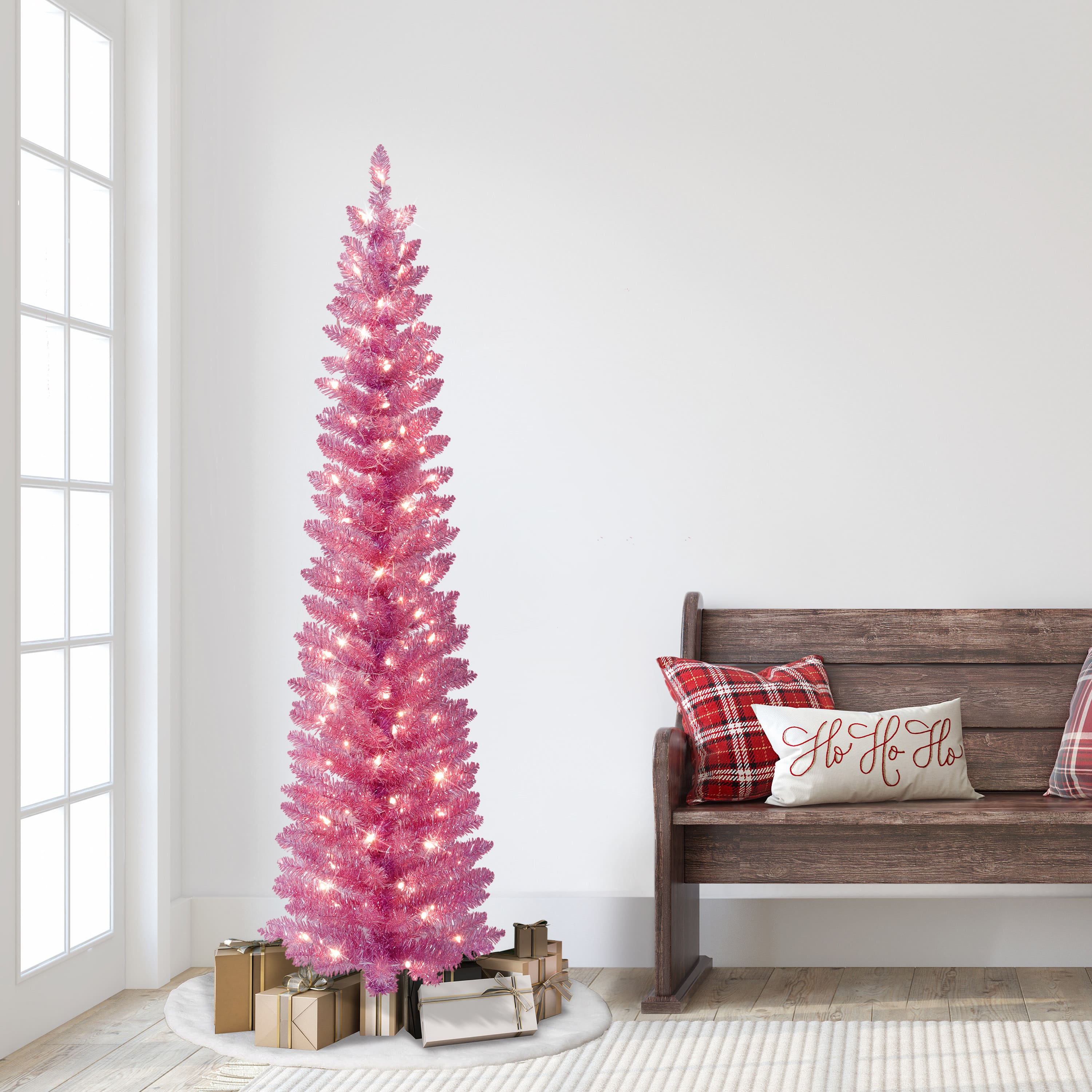 6ft. Pre-Lit Pink Tinsel Artificial Tree, Clear Lights