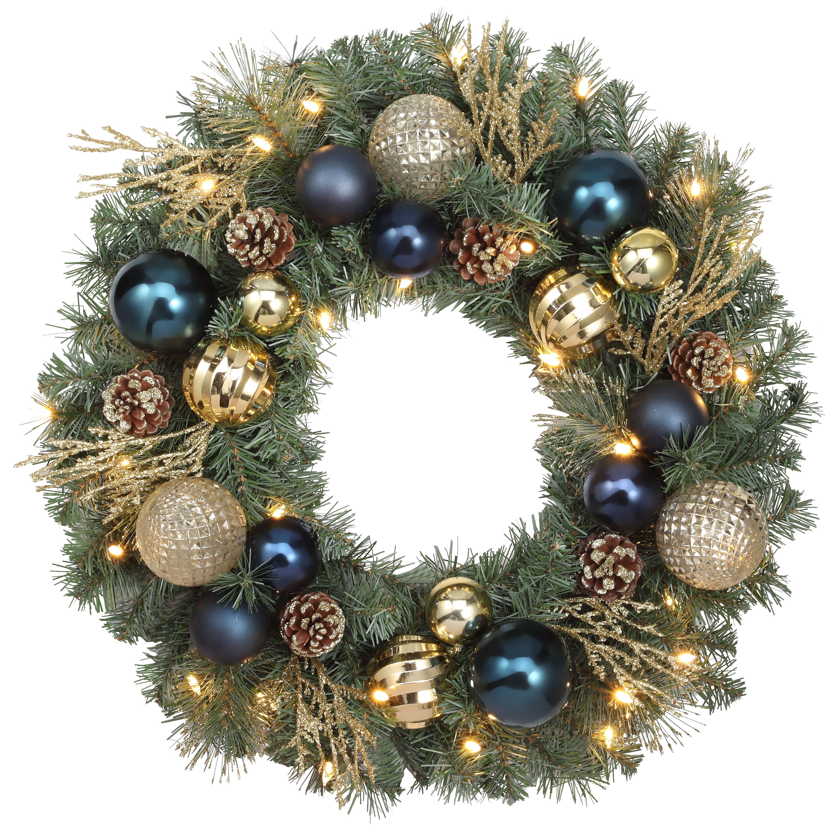 Haute Decor 24&#x22; Pre-Lit Sutton Place Blue &#x26; Gold Ornament Christmas Wreath, Soft White LED Lights