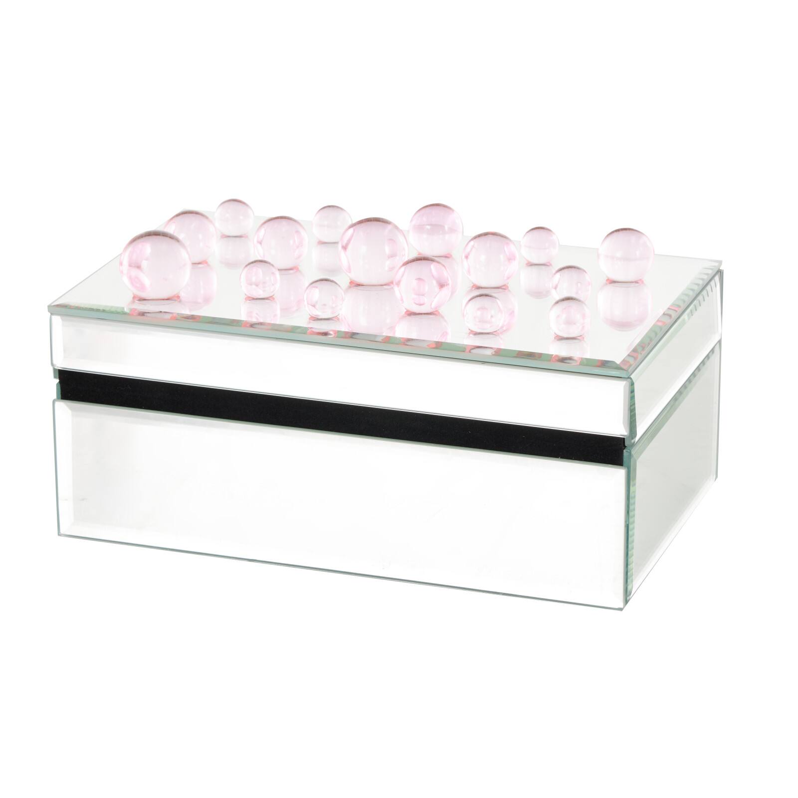 8&#x22; x 5&#x22; x 4.5&#x22; Silver Glass Mirrored Decorative Jewelry Box with Pink Bubble Textured Balls