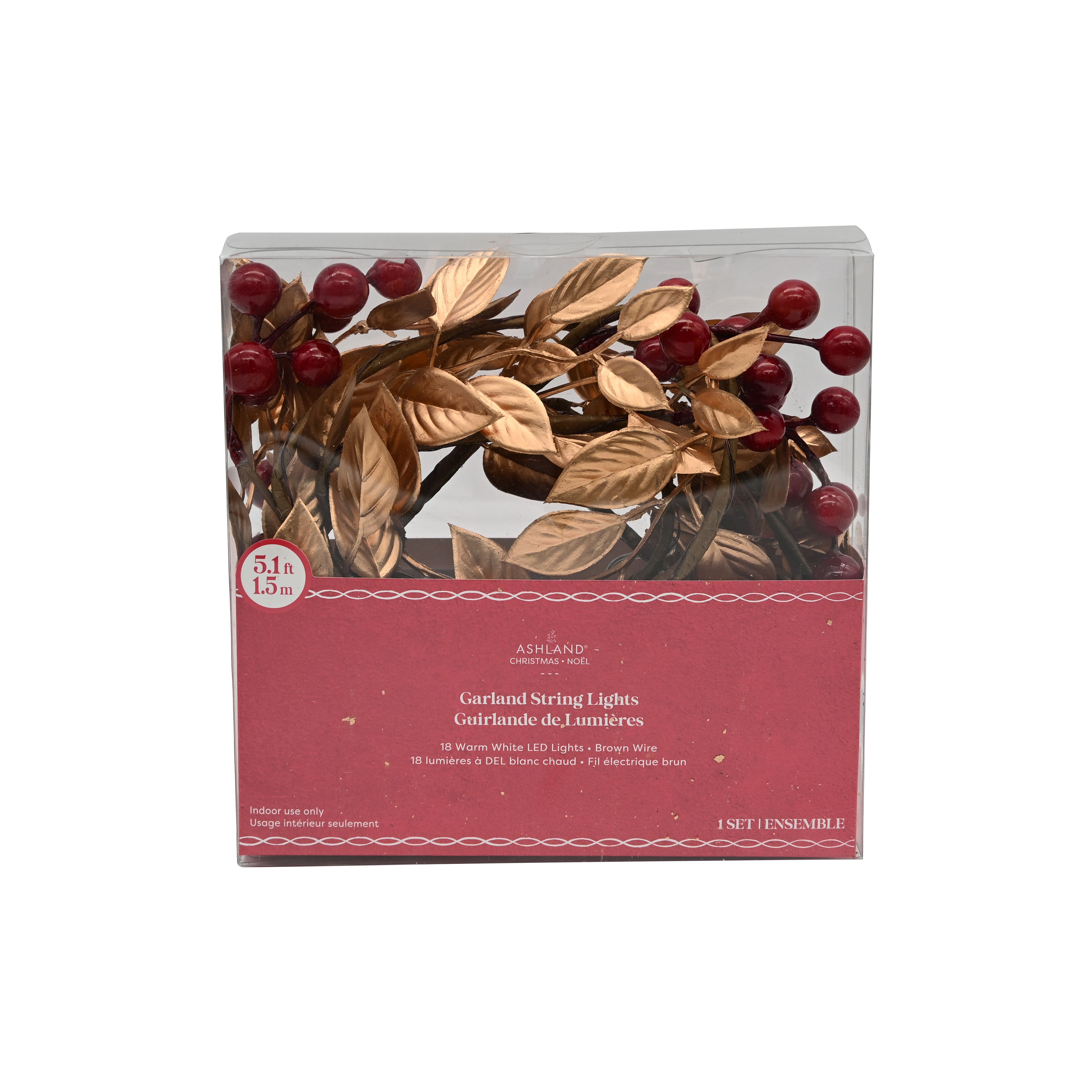 18ct. Warm White LED Red Berry &#x26; Gold Leaf Garland String Lights on Brown Wire by Ashland&#xAE;