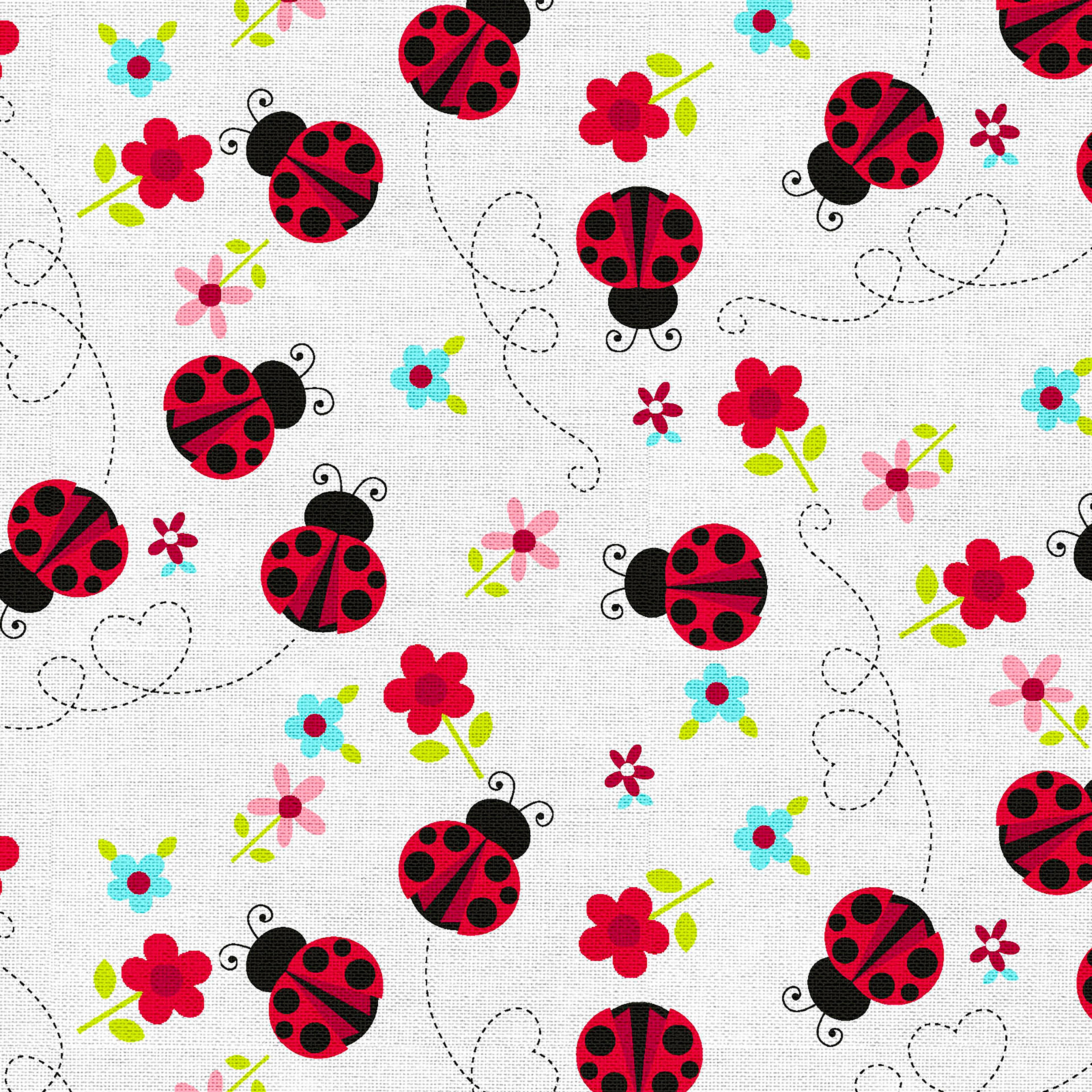 Fabric Editions White Ladybug Journey Cotton Fabric