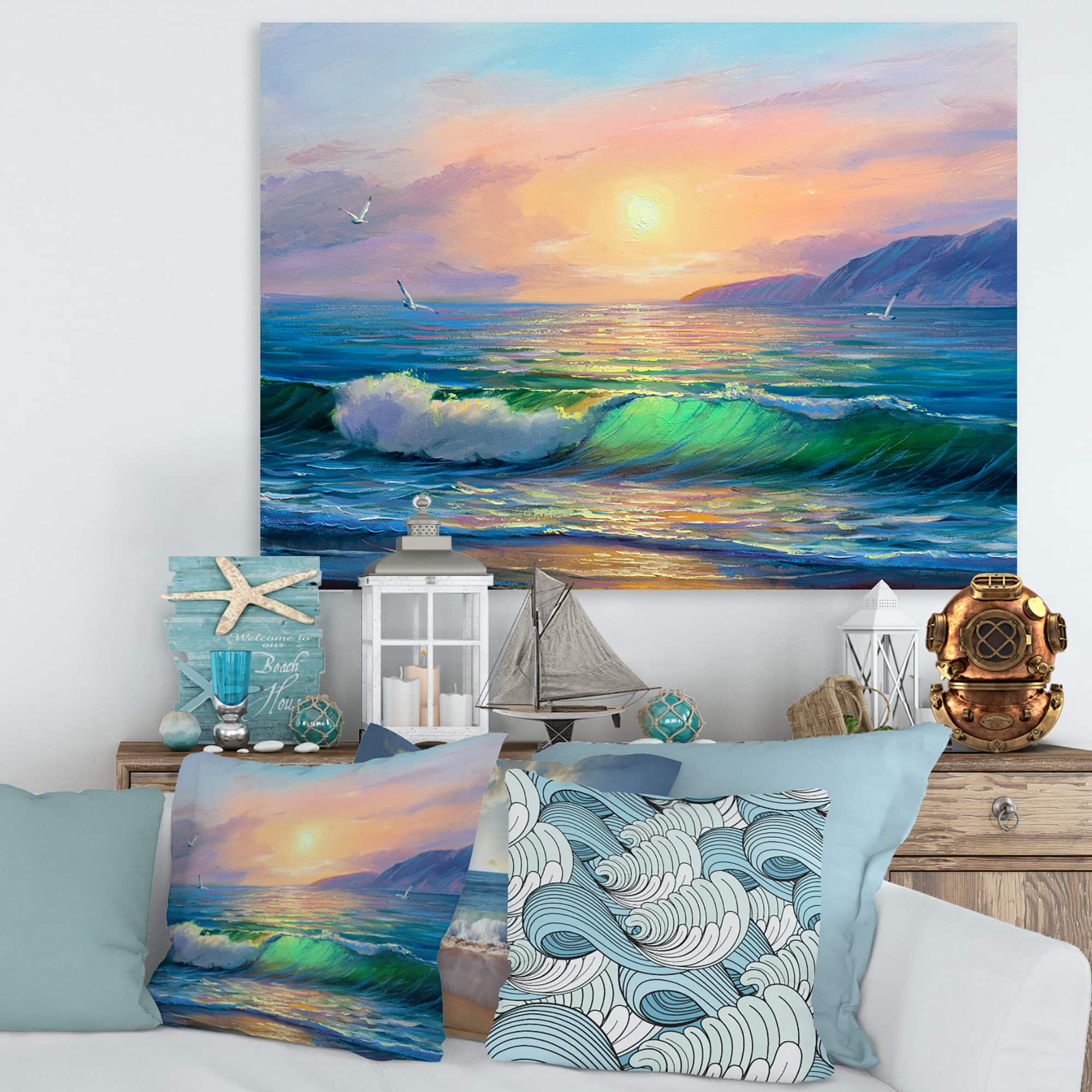 Designart - Blue Waves Breaking At The Beach V - Nautical &#x26; Coastal Canvas Wall Art Print