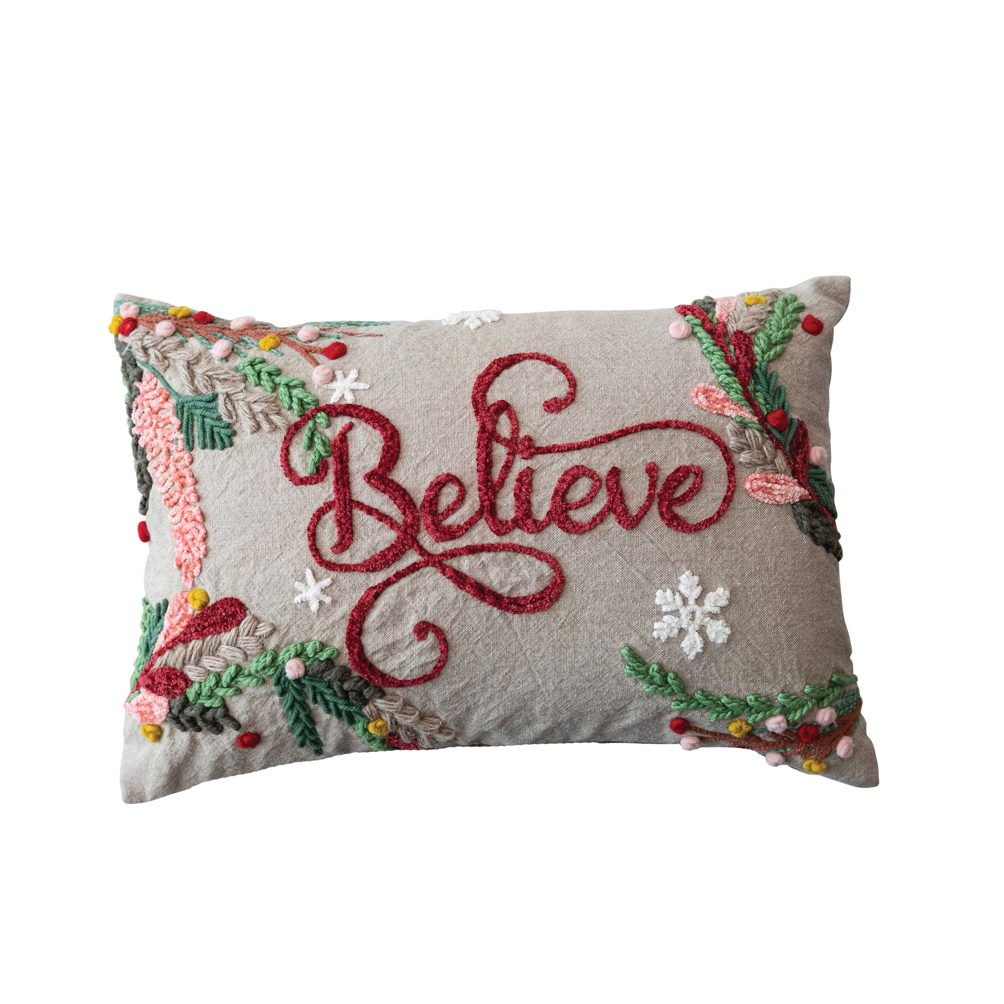 Snowflakes &#x26; Foliage Believe Cotton Chambray Embroidered Lumbar Pillow