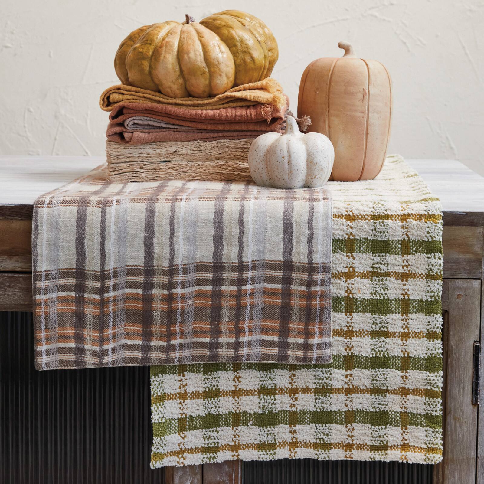 Hello Honey 108" x 14" Cream, Green & Yellow Plaid Woven Cotton Table Runner