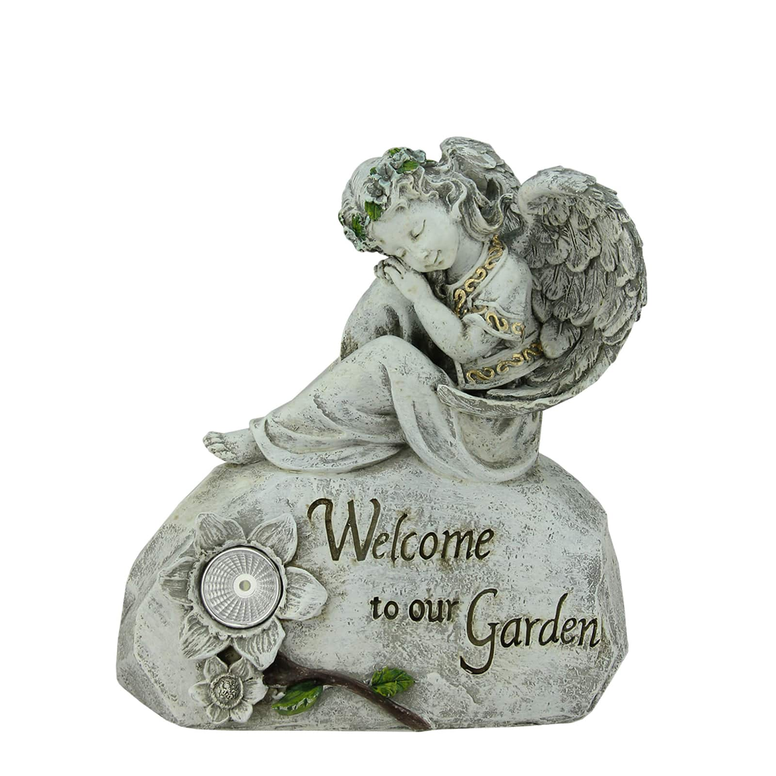 10" Gray Angel Welcome To Our Garden Solar Powered Statue