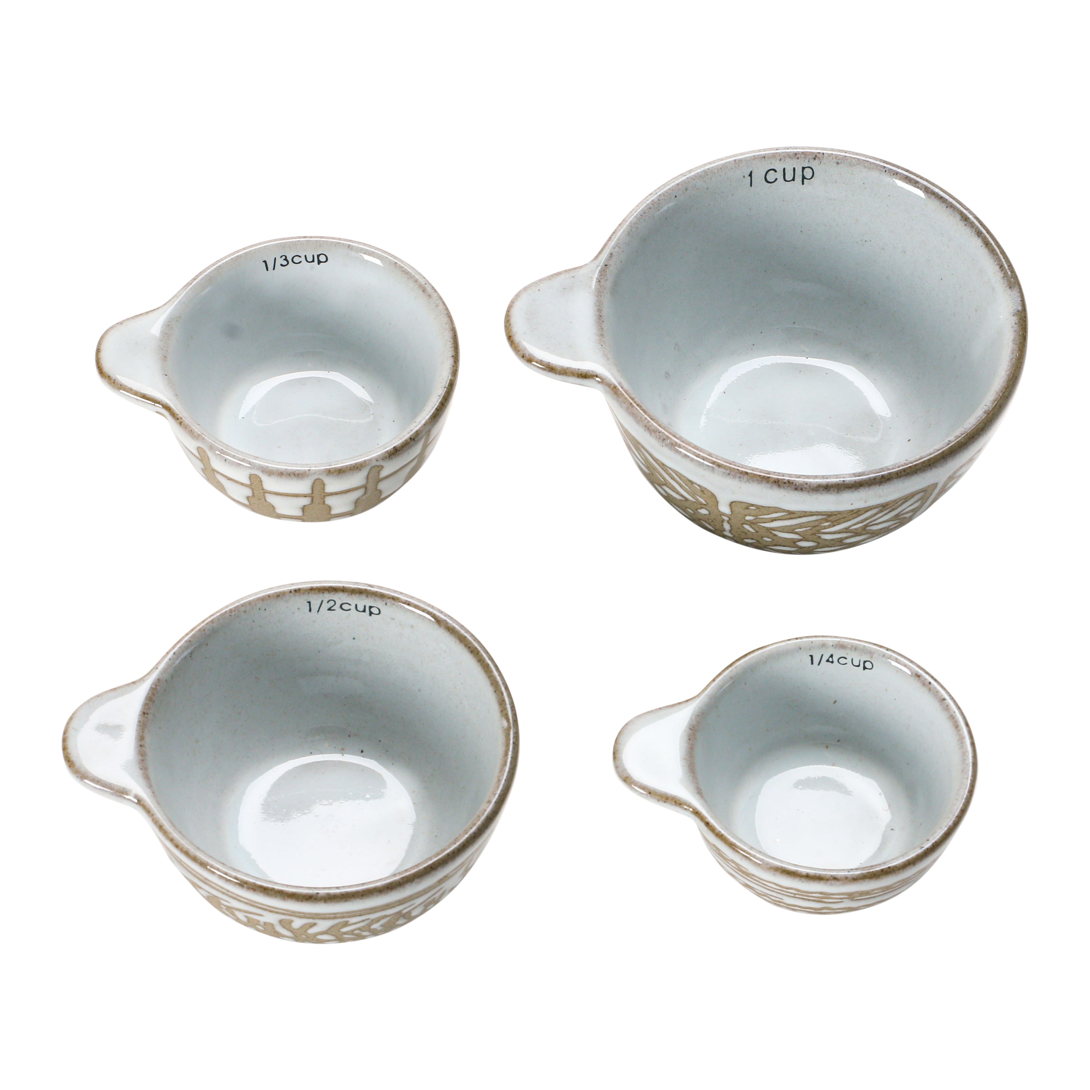 White &#x26; Tan Stoneware Measuring Cups with Wax Relief Pattern, 4ct.