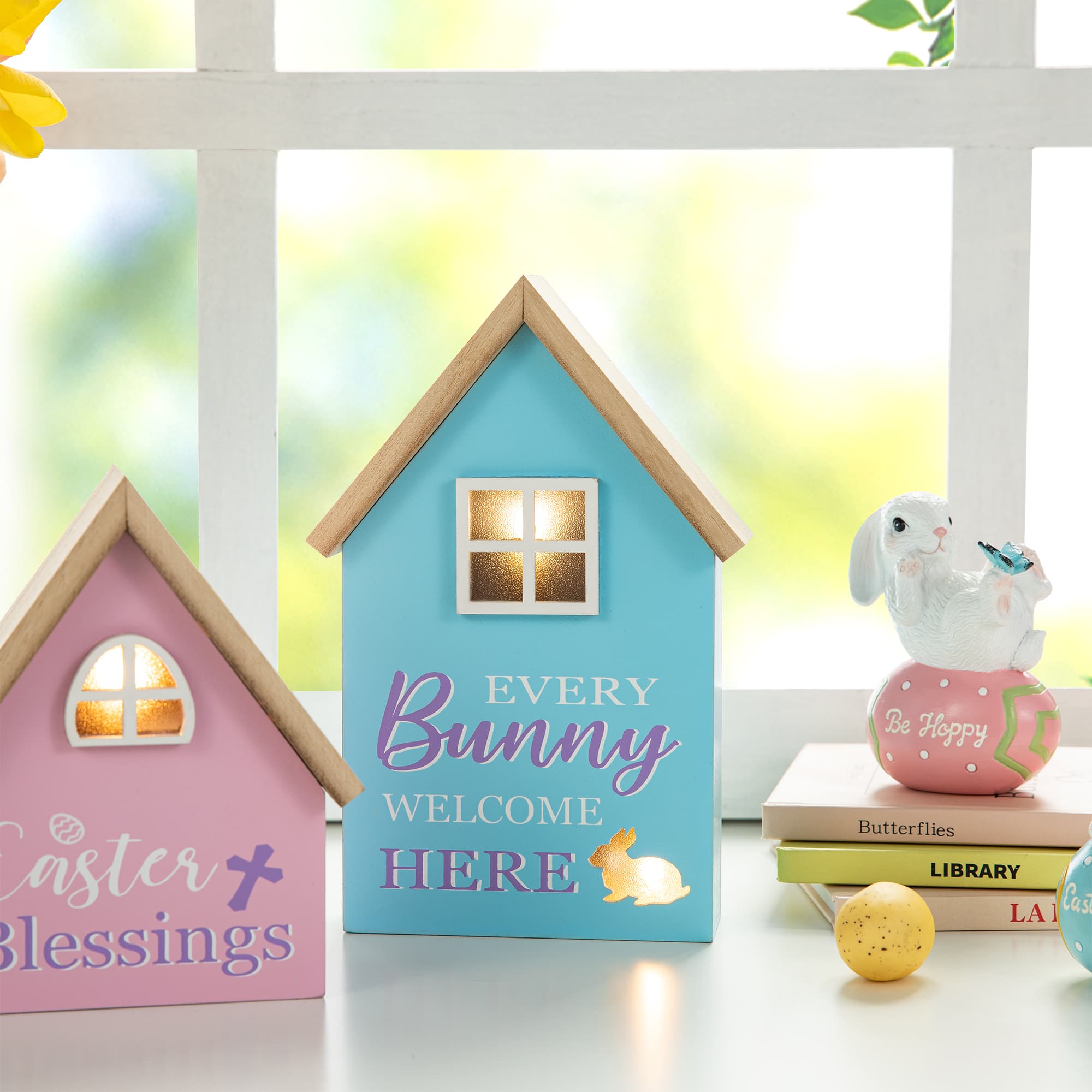 Glitzhome&#xAE; Lighted Easter Wooden House-Shaped Table D&#xE9;cor Set
