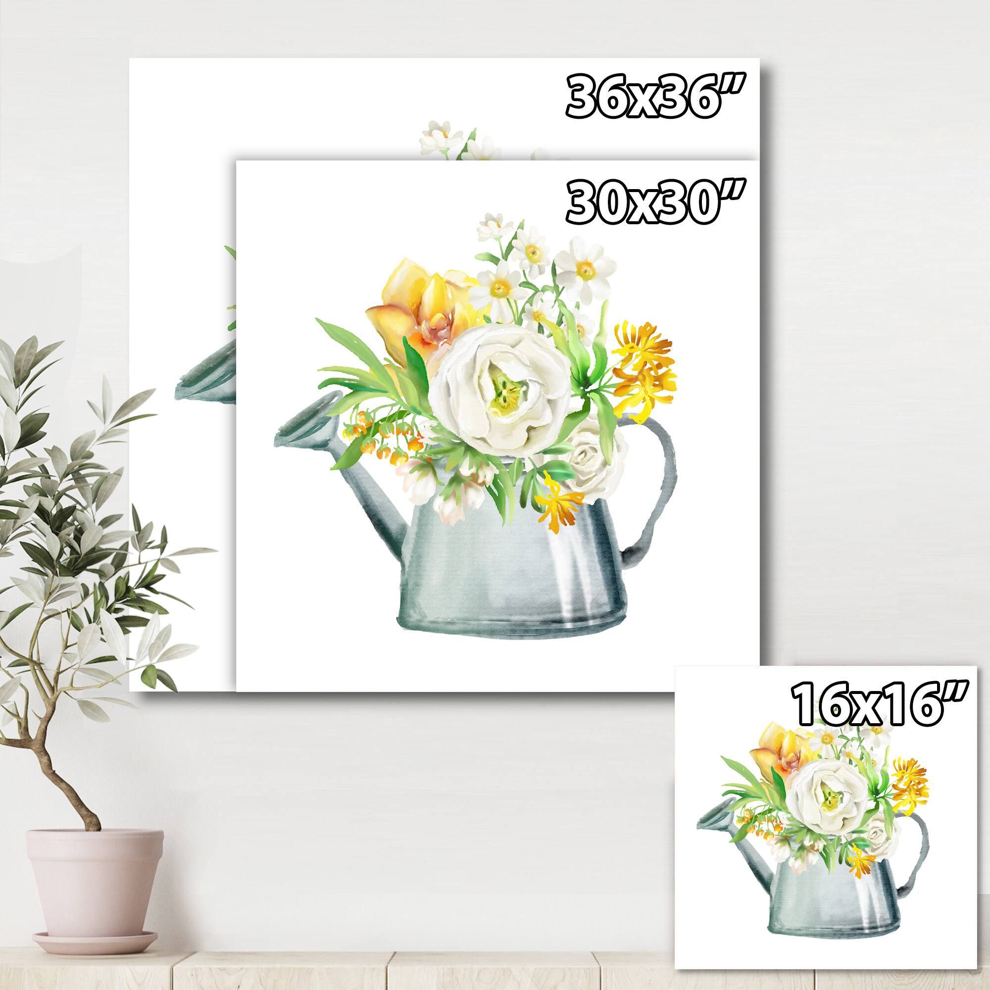Designart - Roses Peonies &#x26; Marigolds In Garden Watering Can - Farmhouse Canvas Wall Art Print