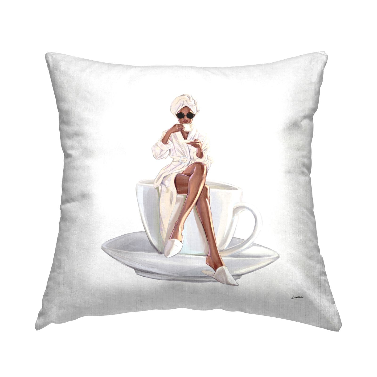 Stupell Industries Trendy Woman in Bathrobe Sitting Coffee Cup Throw Pillow, 18" x 18"