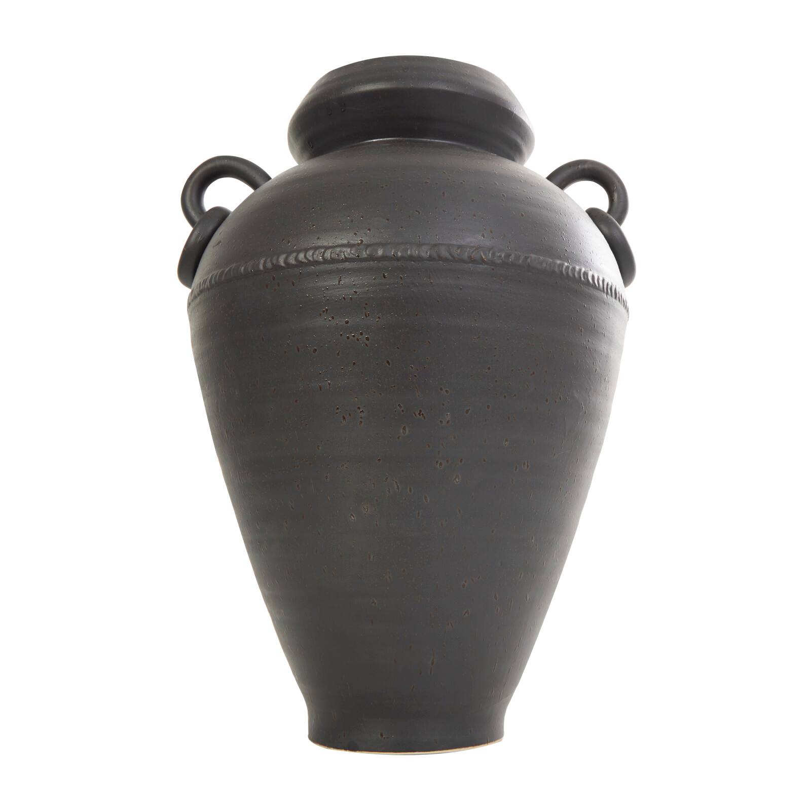 15" Black Ceramic Amphora Vase with Speckled Texture & Ring Handles