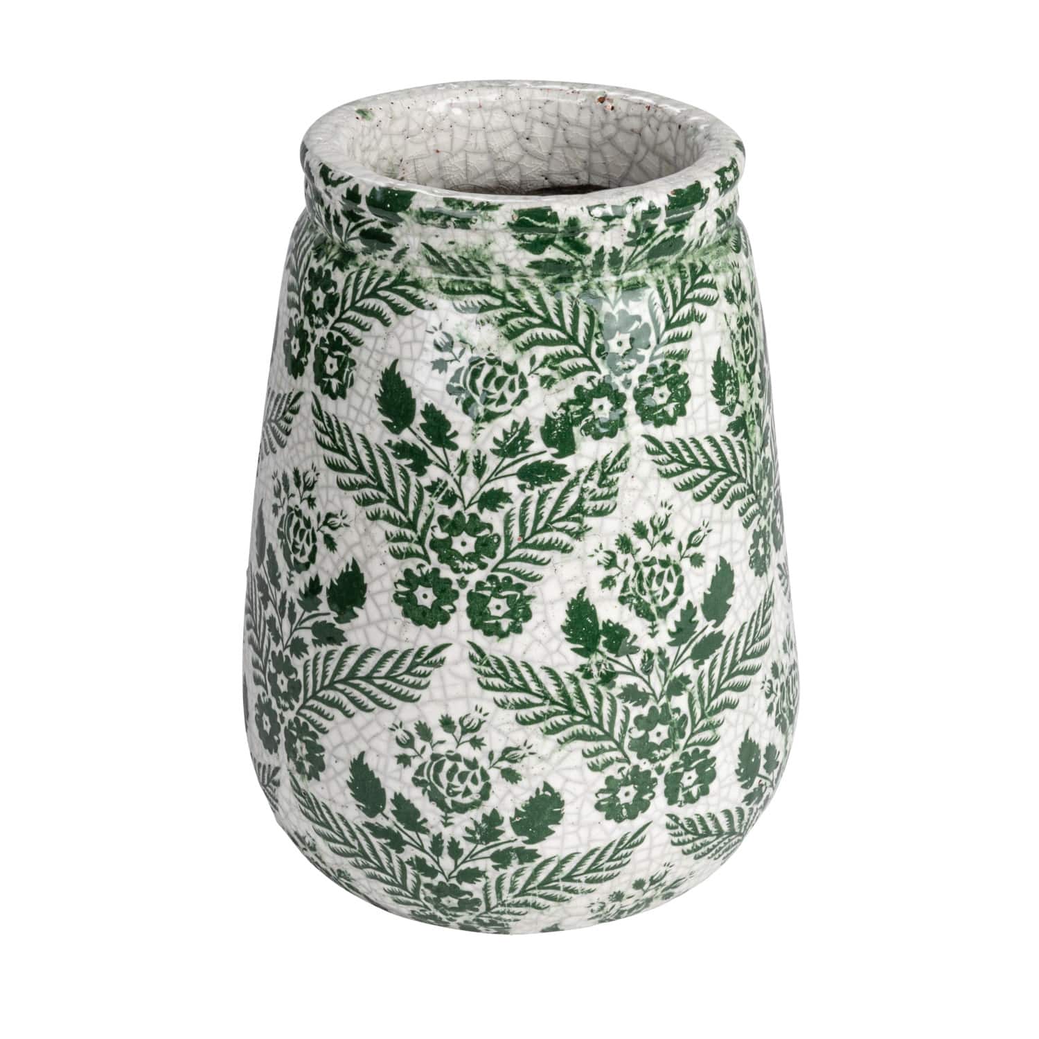 Hello Honey® 10.75" Green & White Flower Patterned Terra Cotta Planter Vase with Crackle Glaze