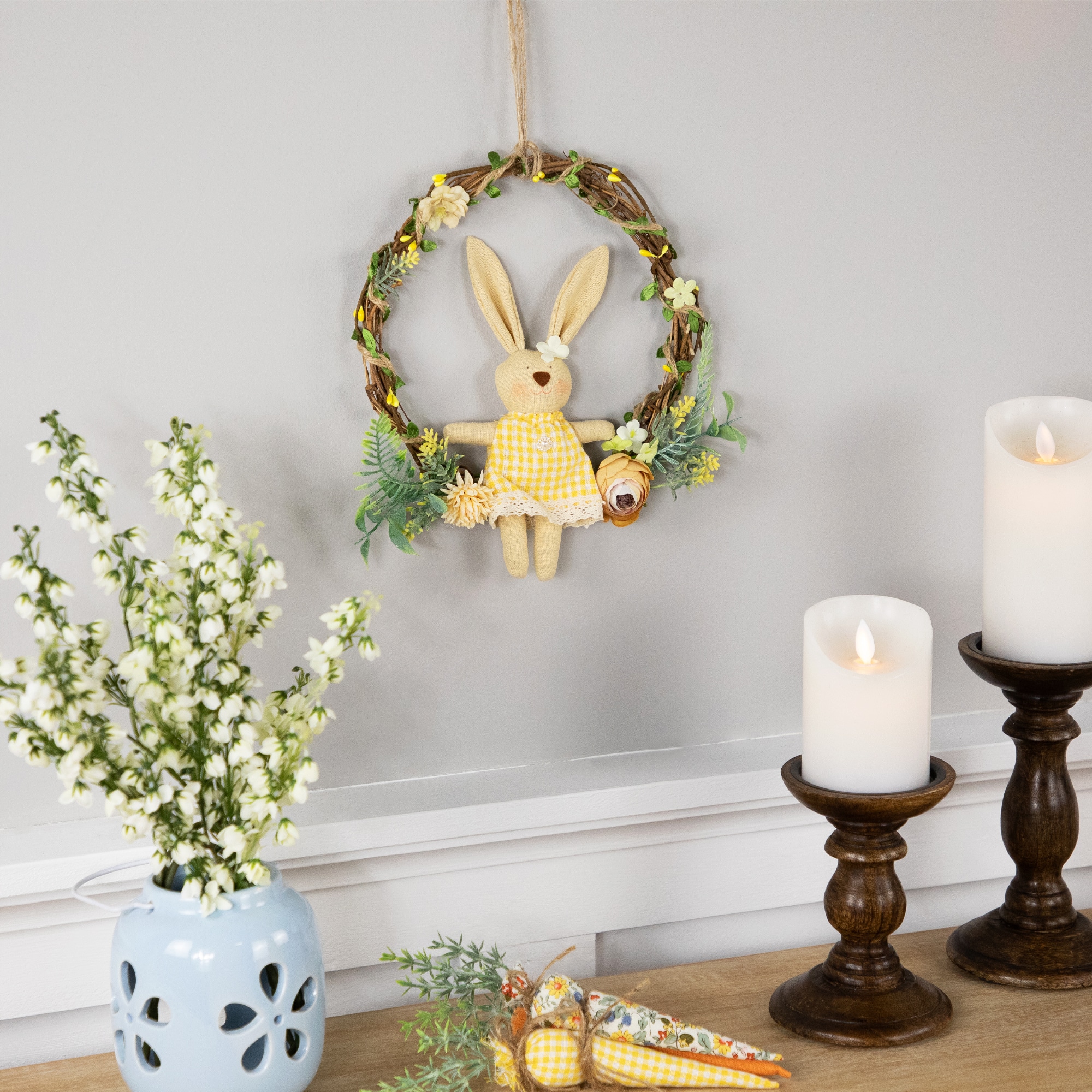10&#x22; Bunny with Flowers Artificial Easter Twig Wreath
