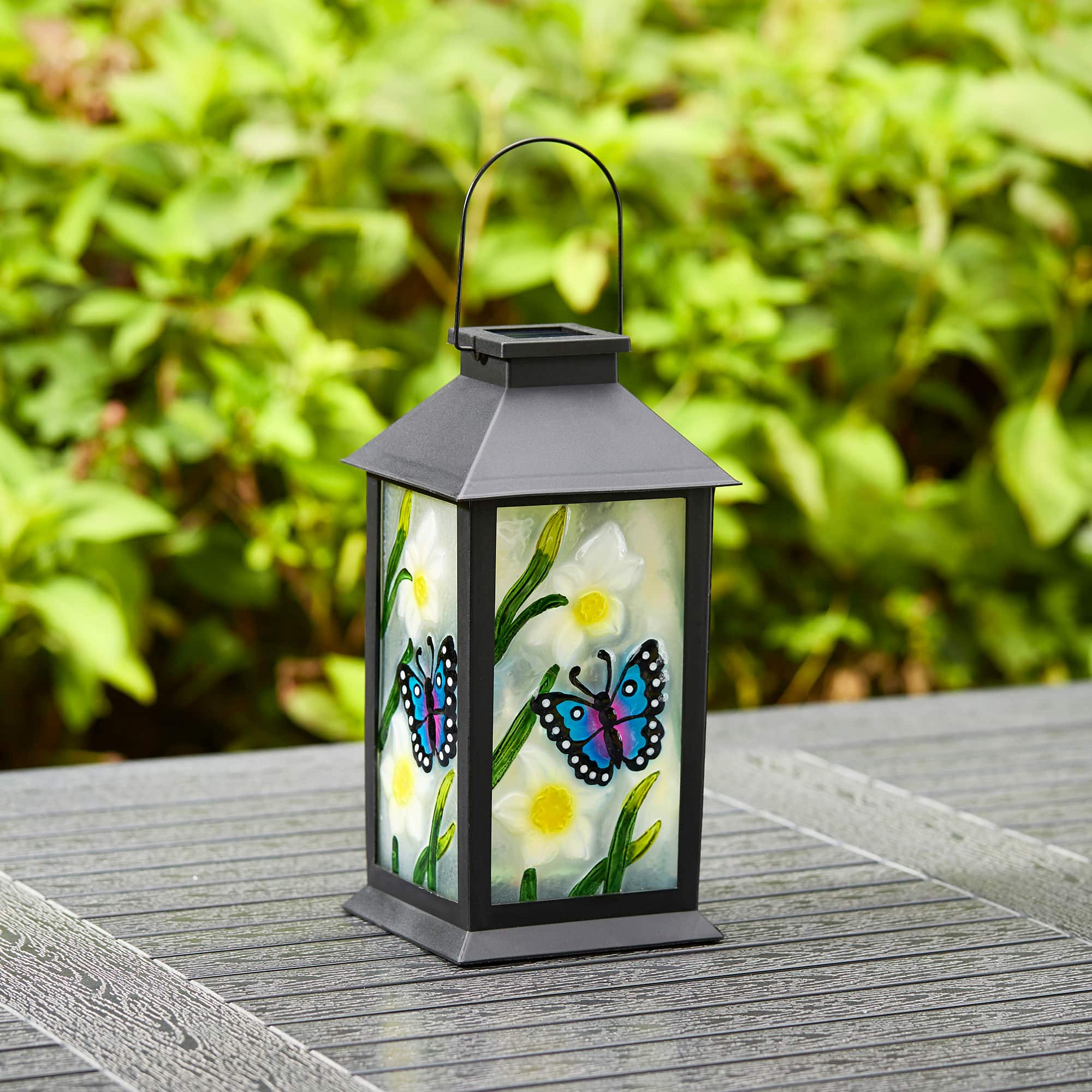 Glitzhome® 11" Glass with Butterfly & Flower Pattern Solar Powered Hanging Lantern