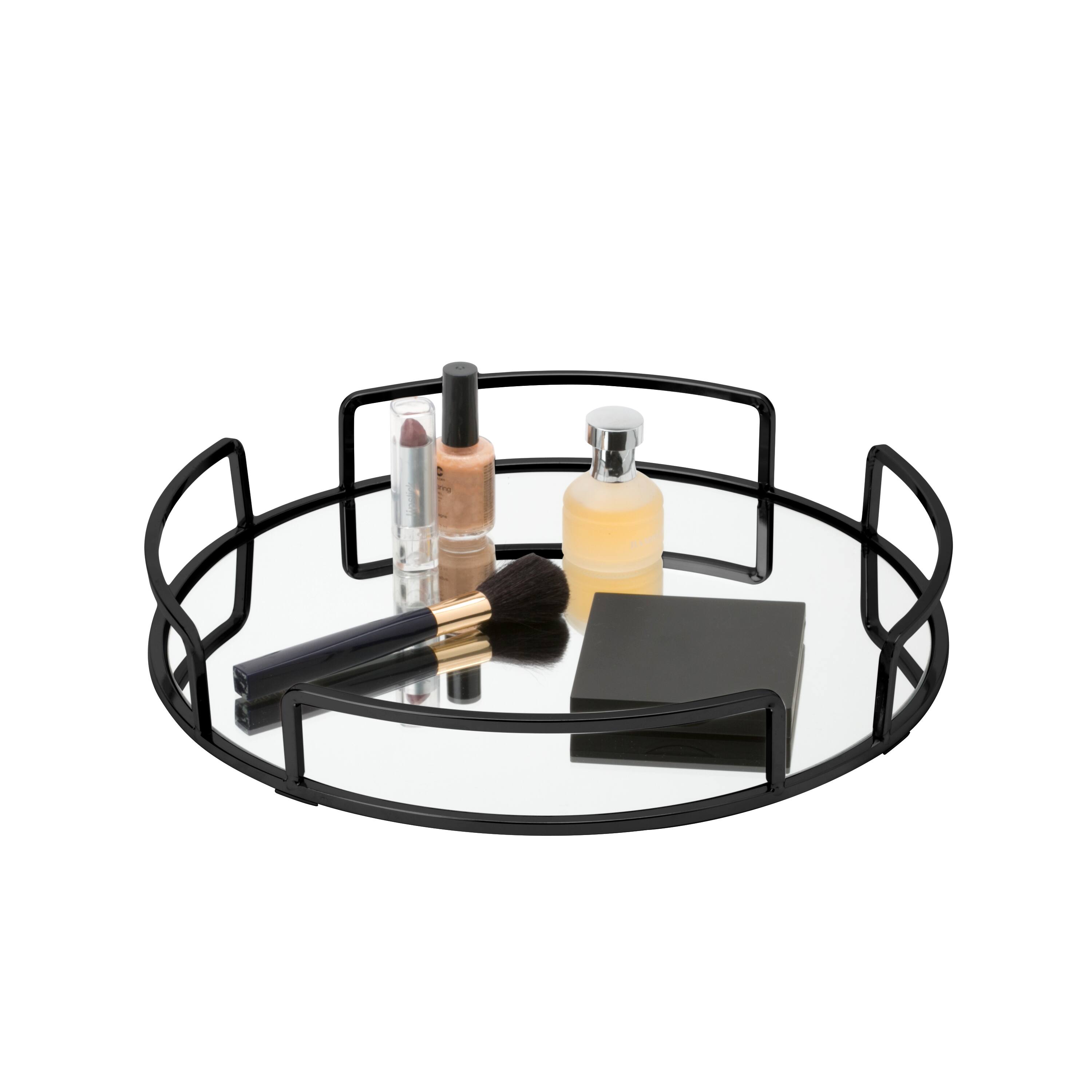 Home Details Matte Black Modern Round Design Mirror Vanity Tray