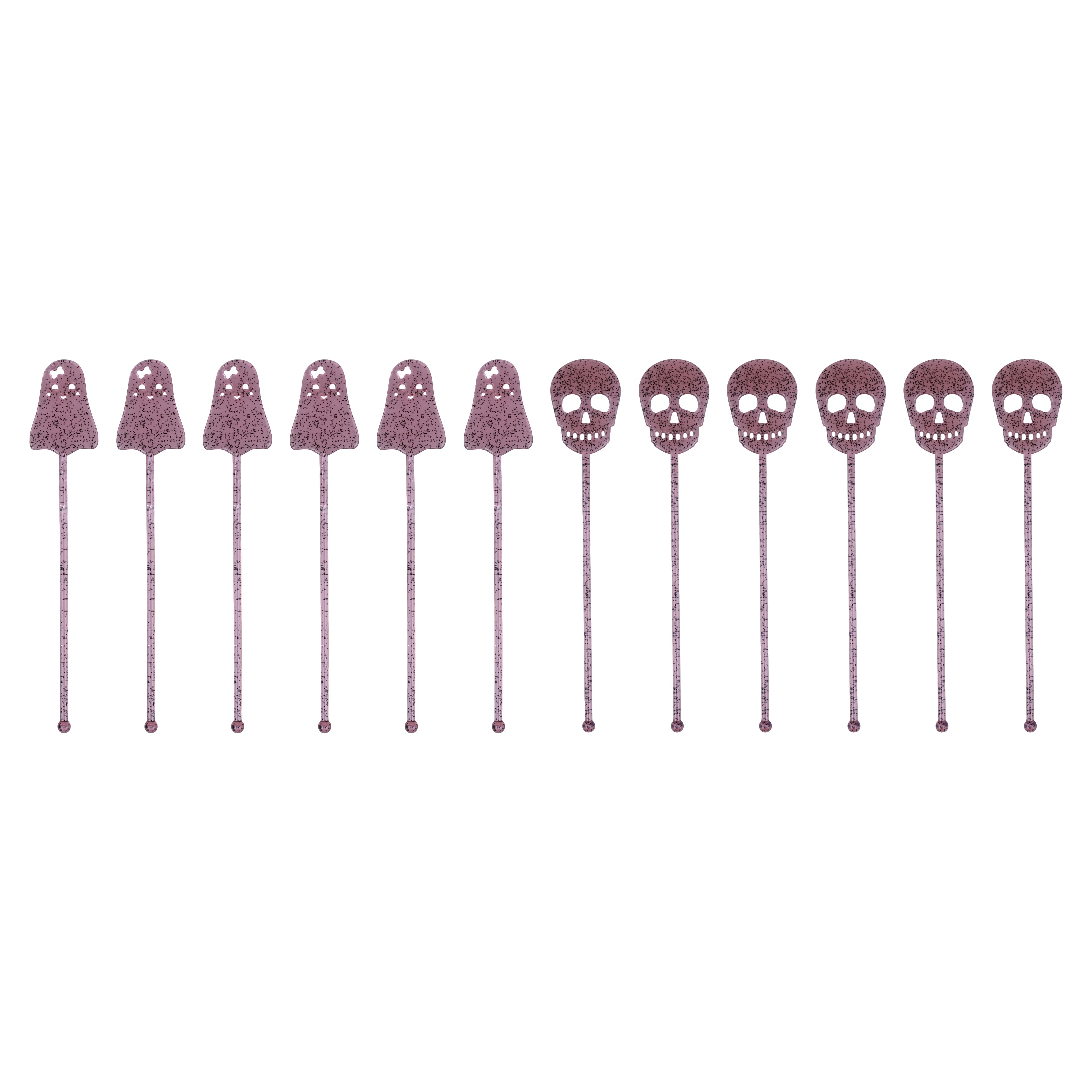 8&#x22; Pink Glitter Skull &#x26; Ghost Drink Stirrers, 12ct. by Makery&#x2122;