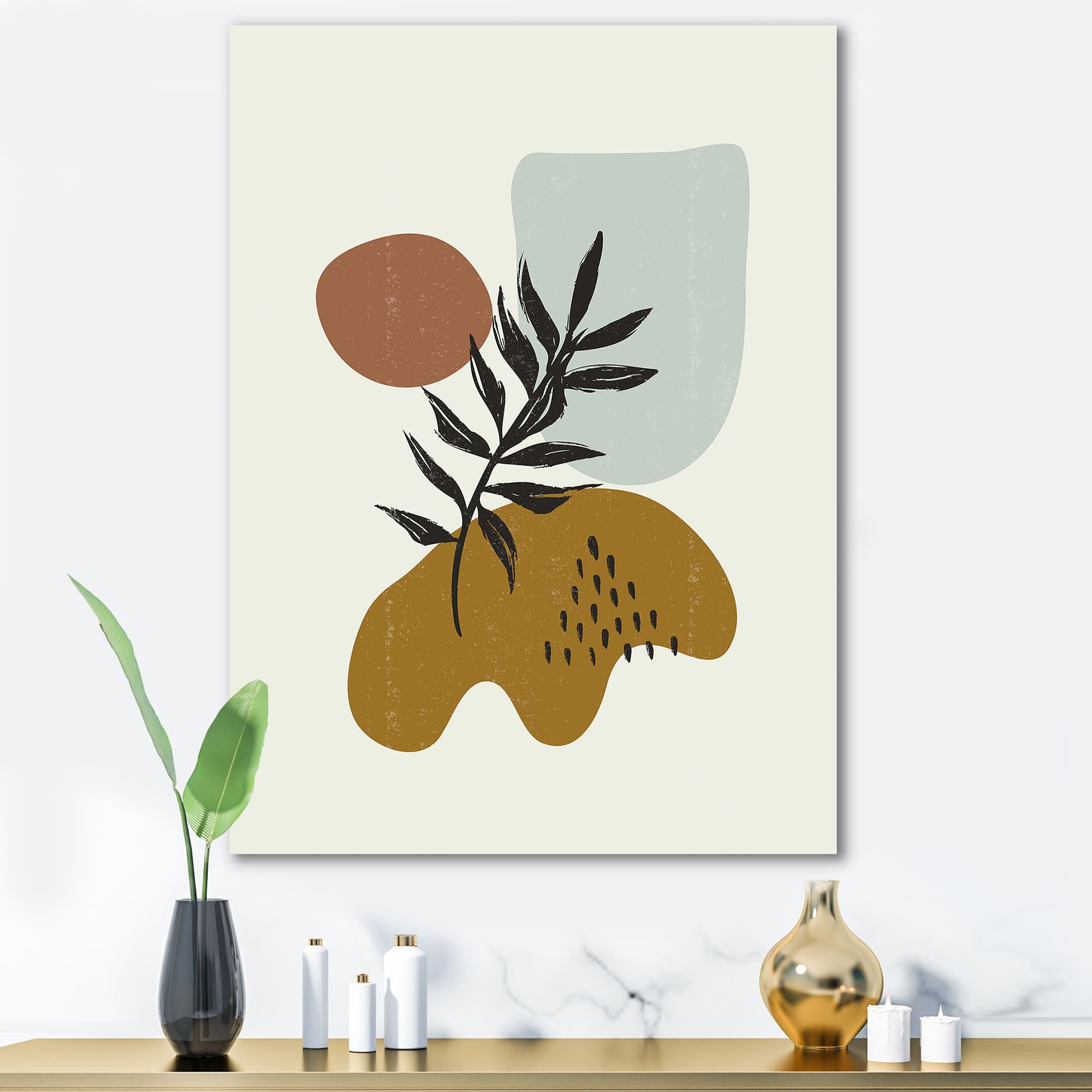 Designart - Botanical Minimalist Leaf With Abstract Shapes II - Modern Canvas Wall Art Print