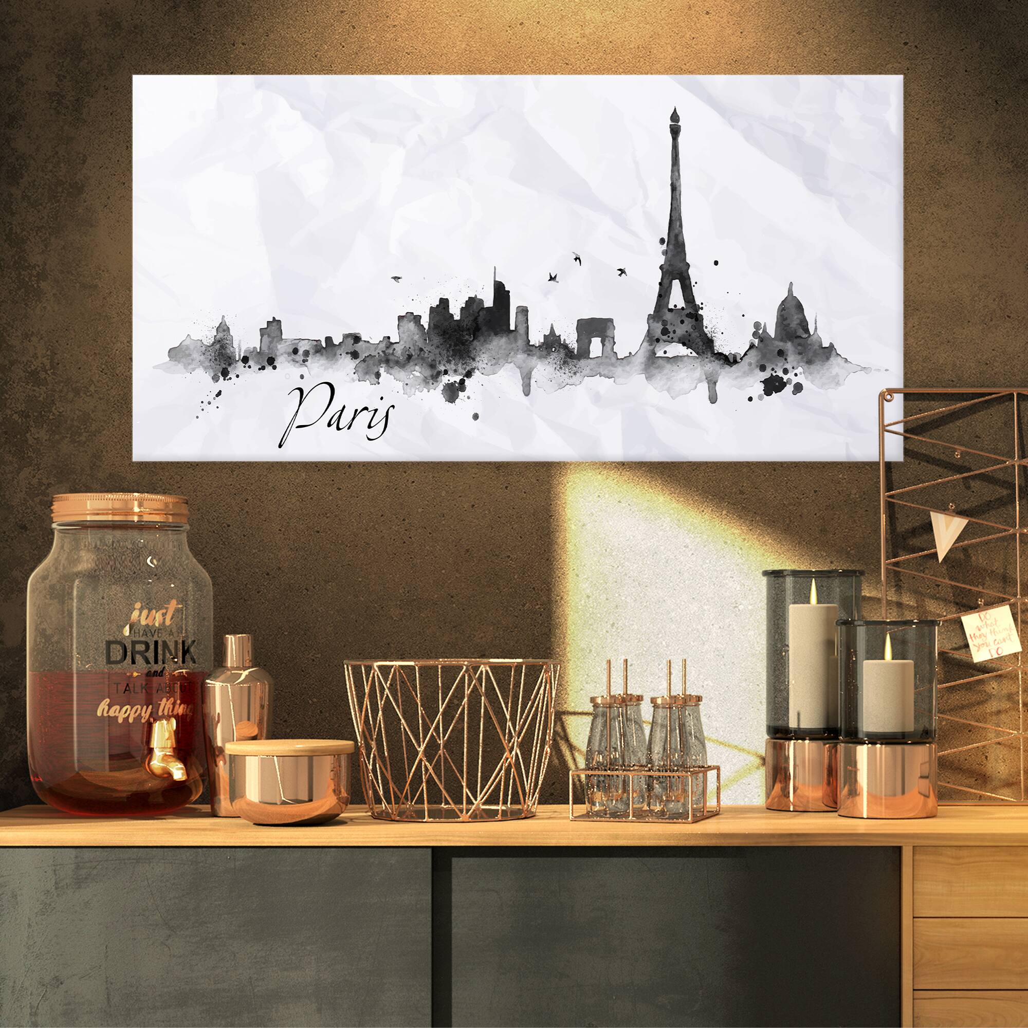 Designart - Paris with Eiffel Silhouette - Cityscape Painting Canvas Print
