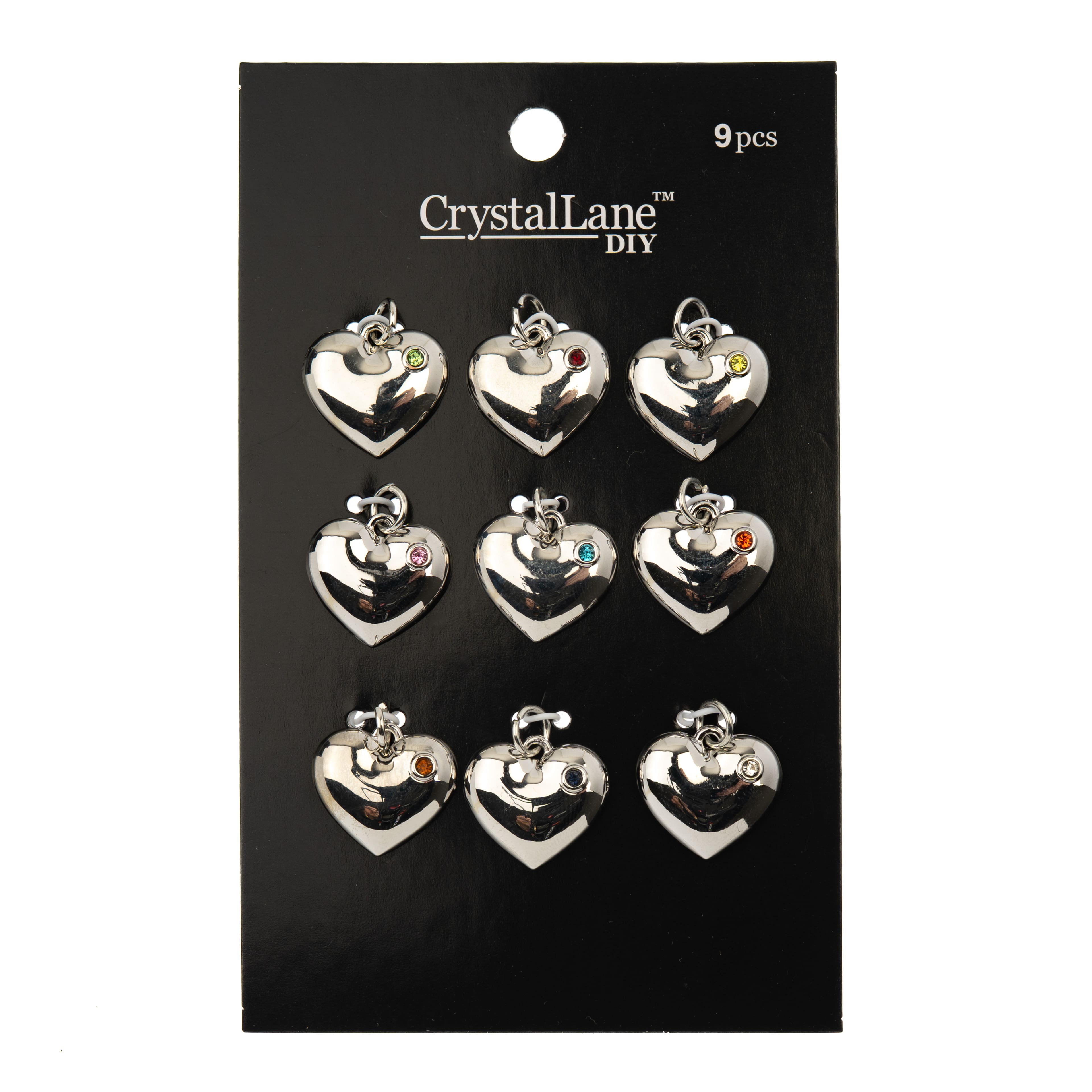 Crystal Lane DIY Silver Rhinestone Heart Charms, 9ct.