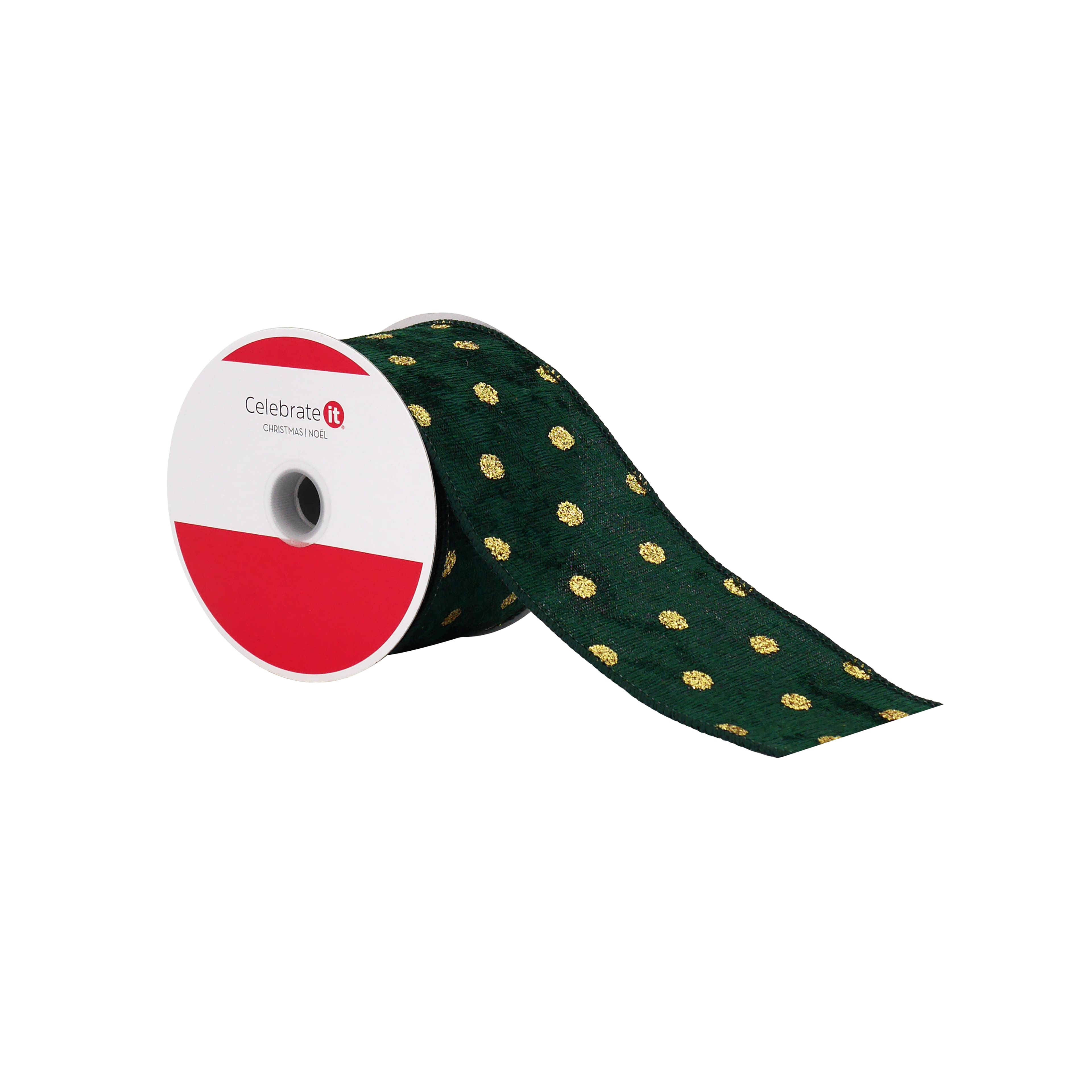 2.5&#x22; x 20ft. Green &#x26; Gold Dots Wired Ribbon by Celebrate It&#xAE;