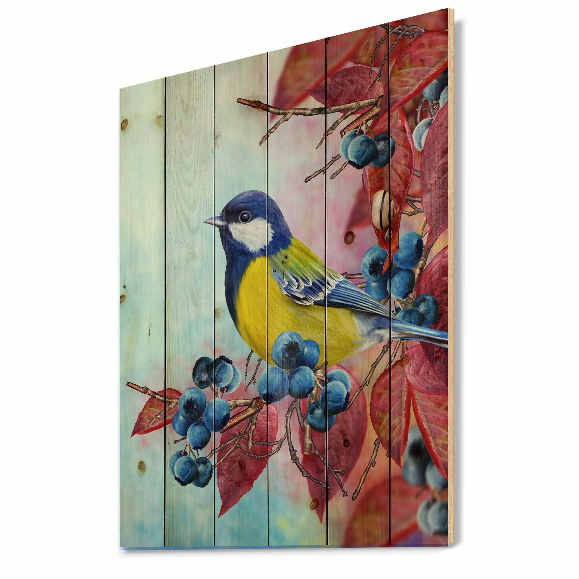 Designart - Bright Bird Bullfinch Sitting On A Branch II - Traditional Print on Natural Pine Wood