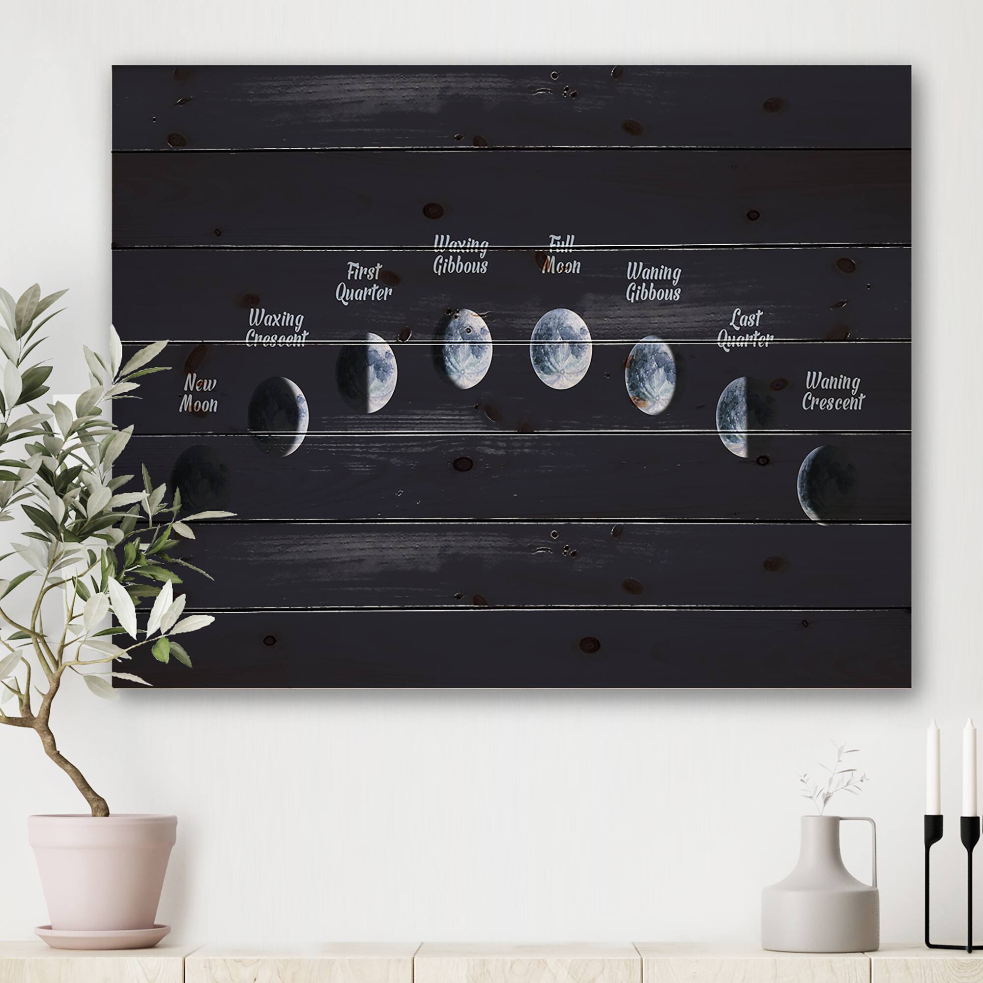 Designart - Moon Phases In Space - Bohemian &#x26; Eclectic Print on Natural Pine Wood