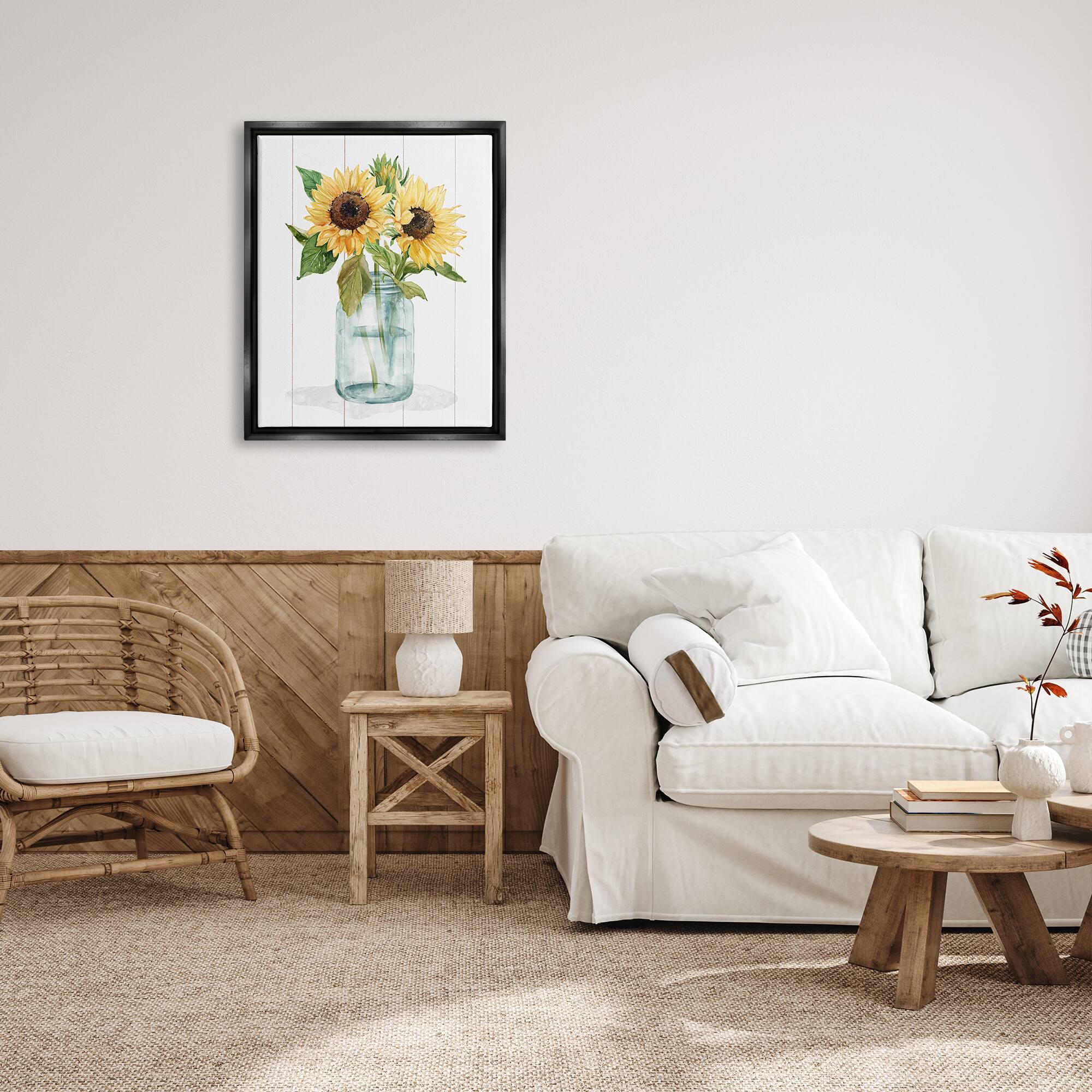 Stupell Industries Yellow Sunflowers Country jar Framed Floater Canvas Wall Art