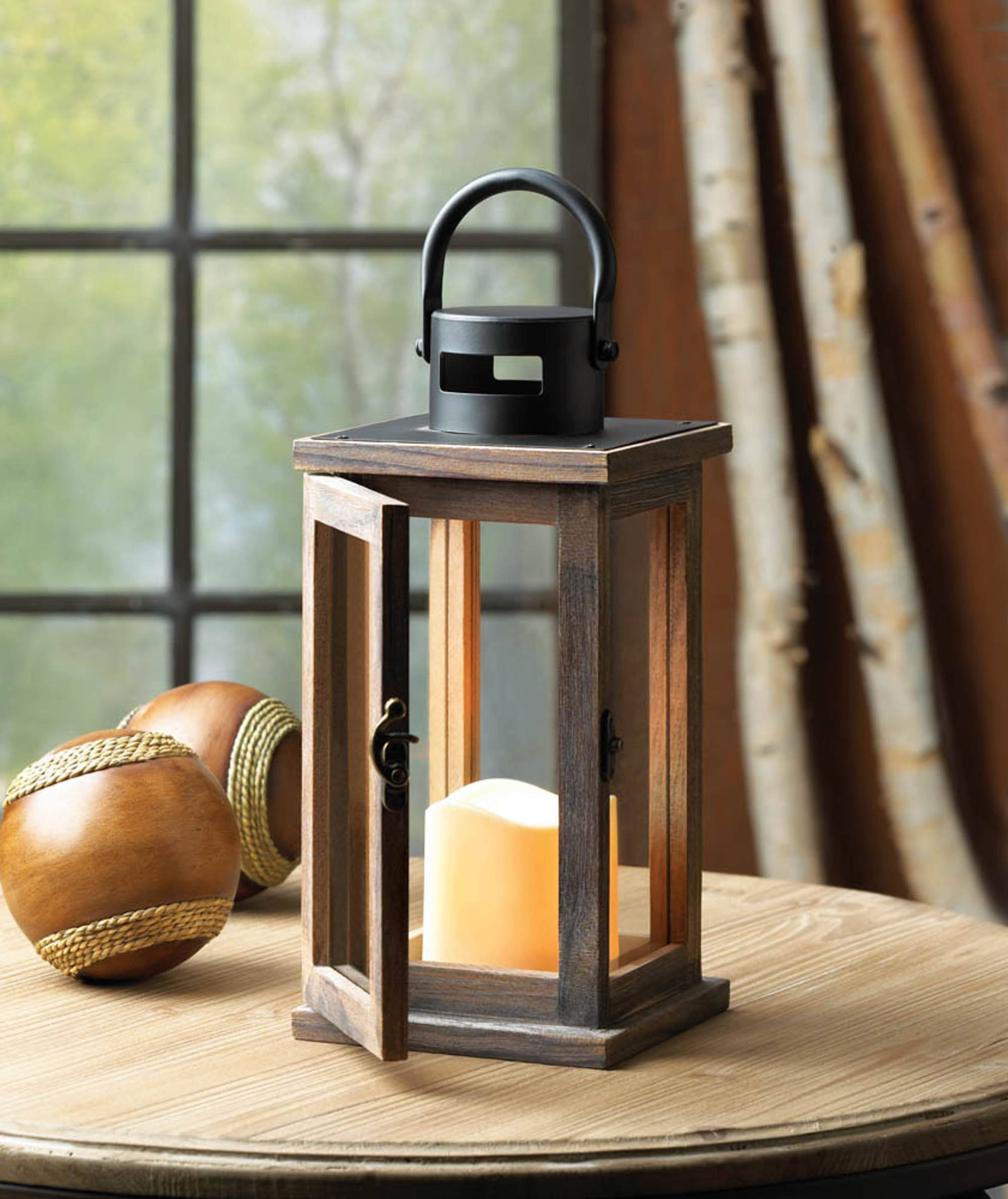 10.75" Lodge Wooden Lantern with LED Candle