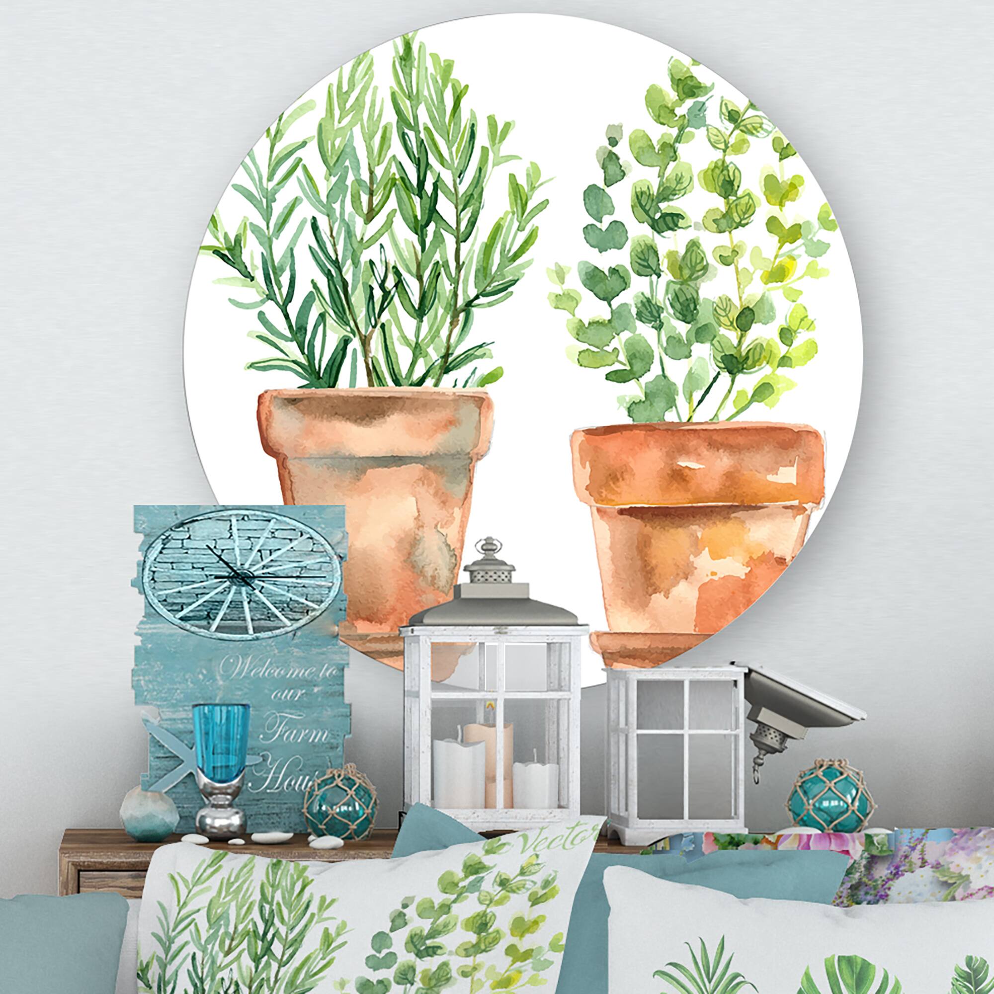 Designart - Two Green House Plants In Orange Flower Pots - Traditional Metal Circle Wall Art