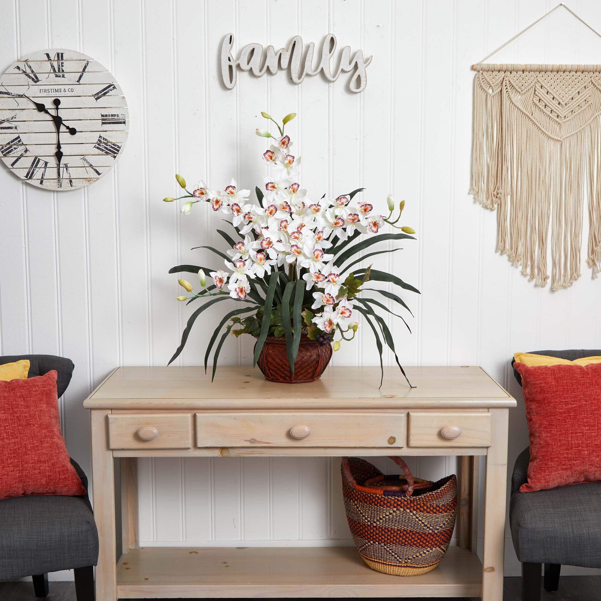 30" White Silk Cymbidium Arrangement with Decorative Vase