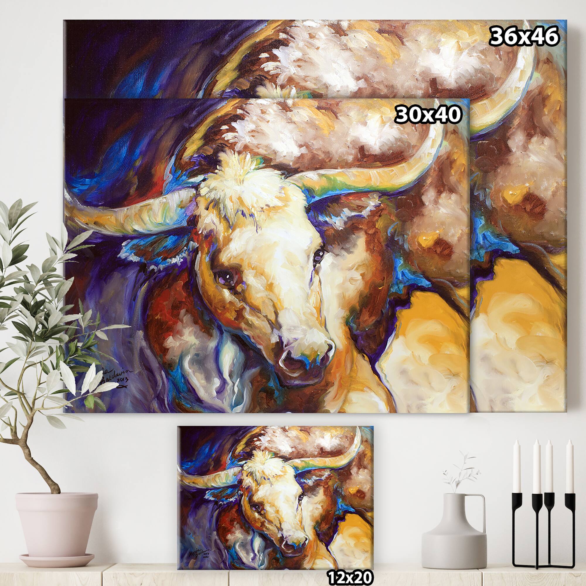 Designart - Power Longhorn Abstract - Cottage Canvas Wall Art