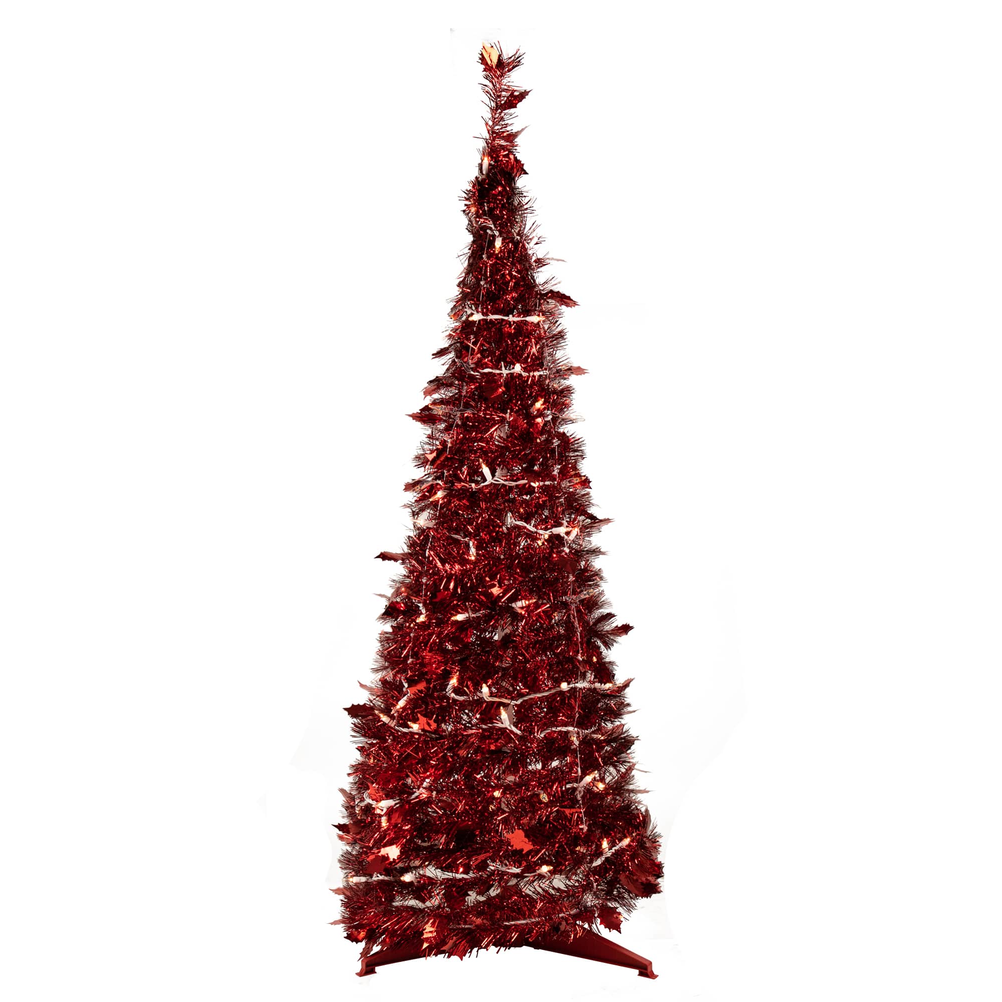 6ft. Pre-Lit Red Tinsel Artificial Pop-Up Christmas Tree, Clear Lights