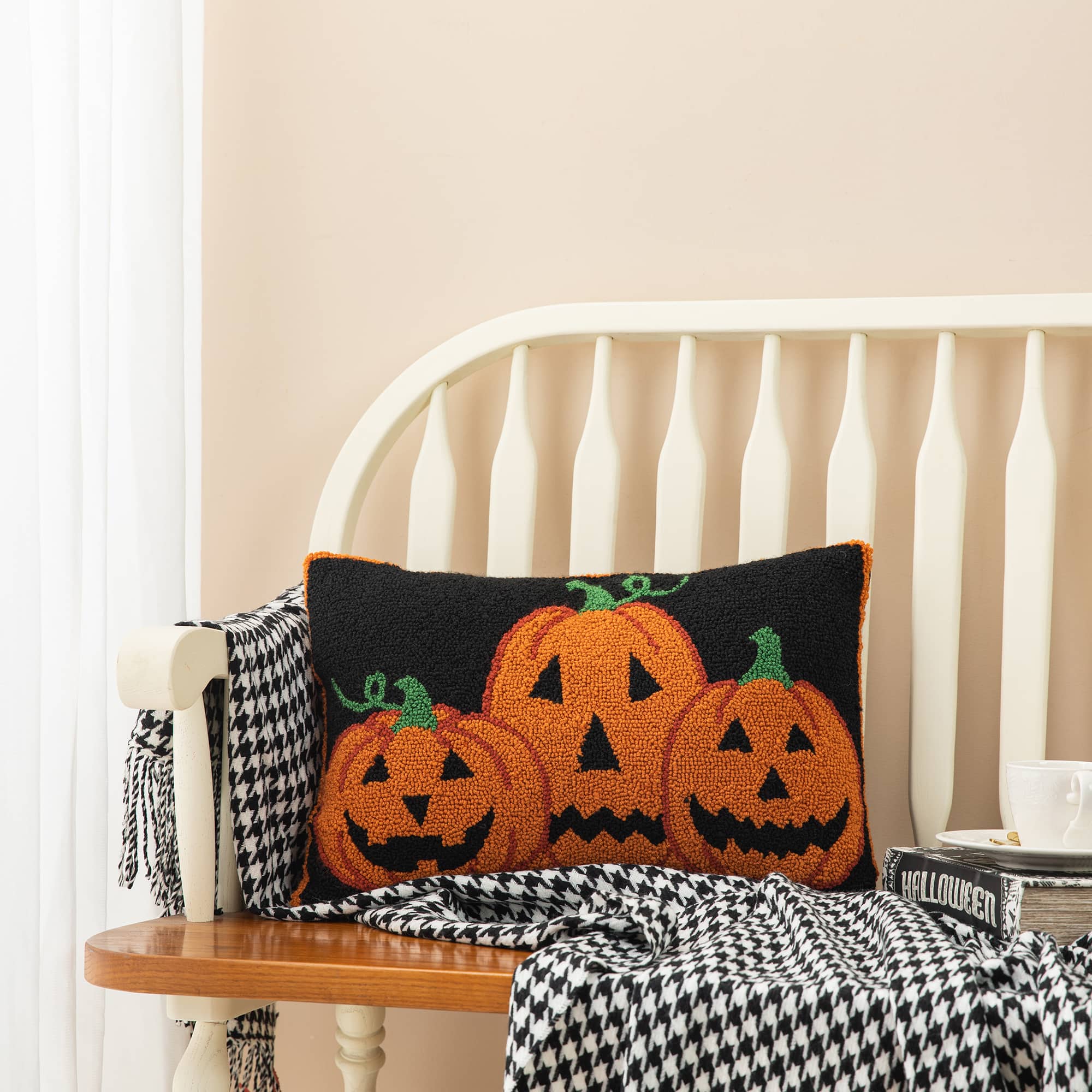 Glitzhome® 18" x 12" Hooked Halloween Pumpkins Pillow