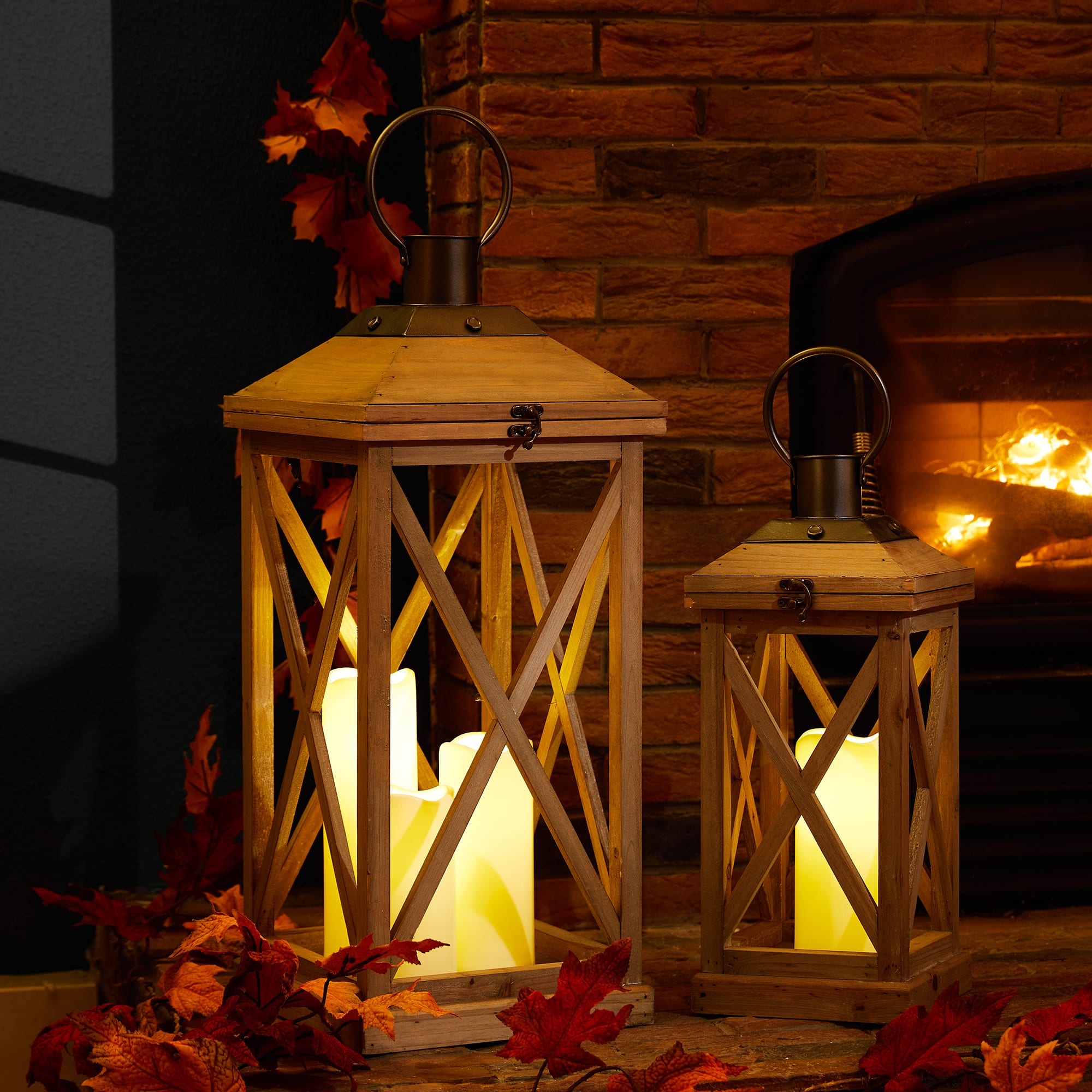 Glitzhome® Brown Wooden Modern Farmhouse Lantern Set | Lanterns | Michaels