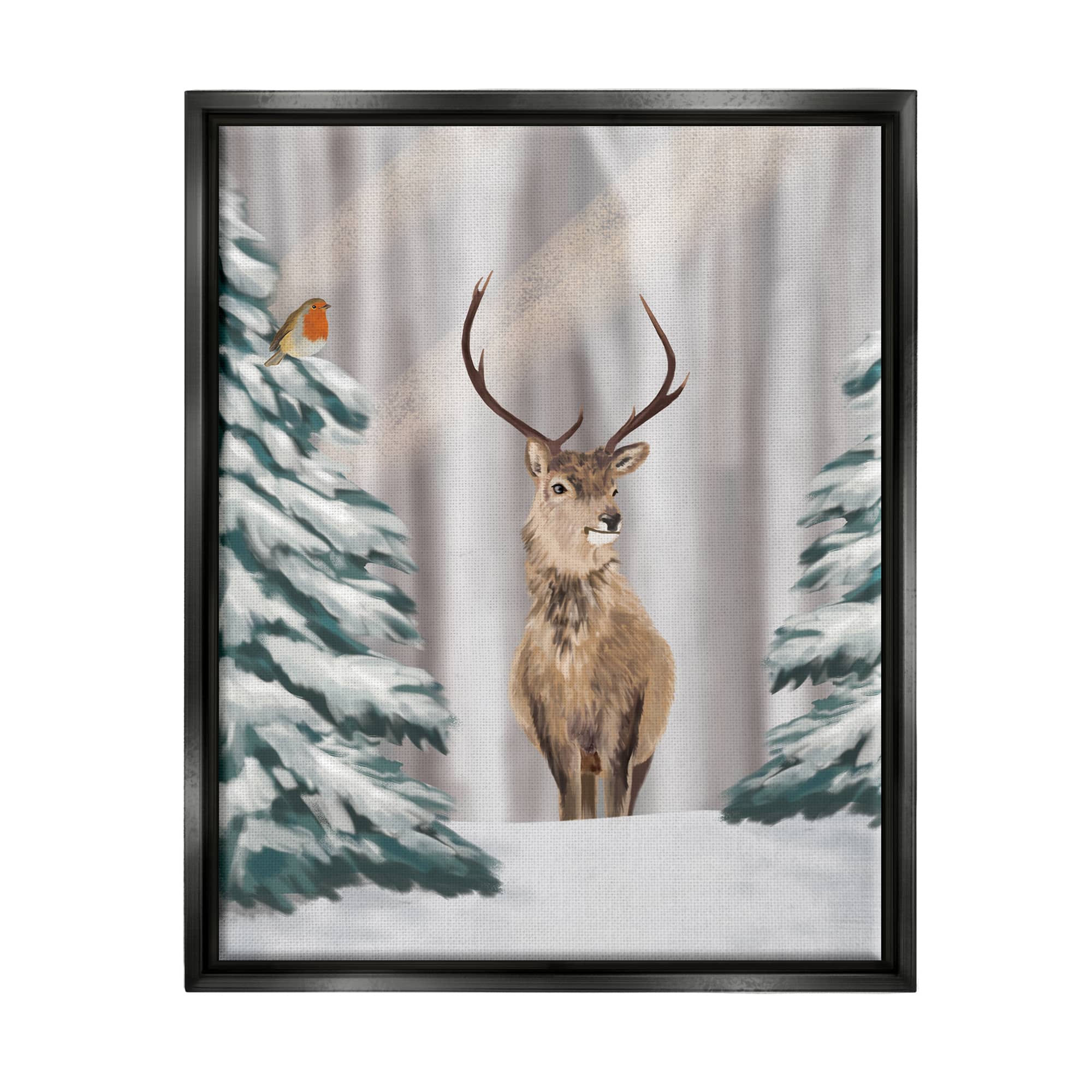 Stupell Industries Seasonal Deer Winter Landscape Framed Floater Canvas Wall Art