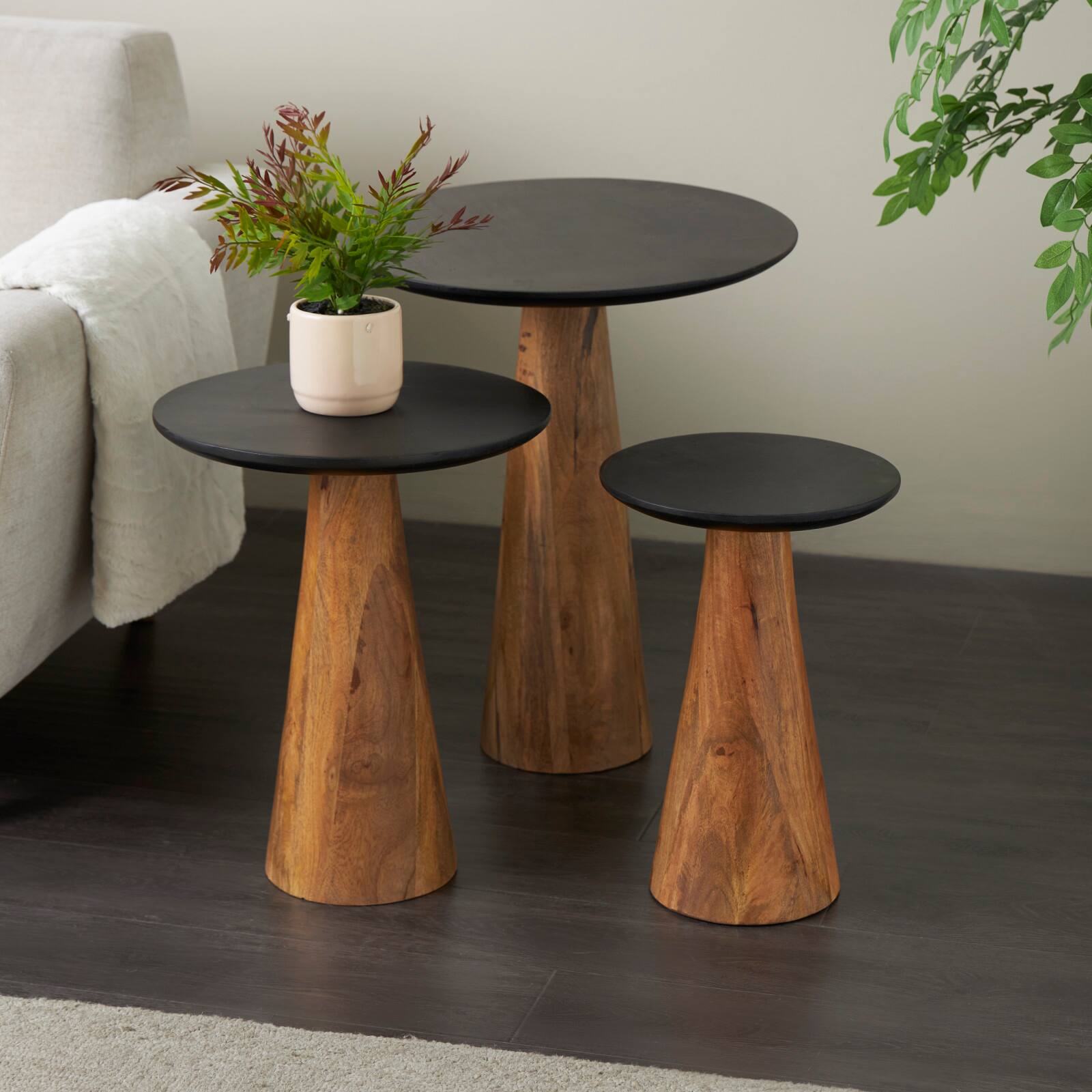 Brown Mango Wood Handmade Cone Shaped Accent Table with Black Tabletop Set