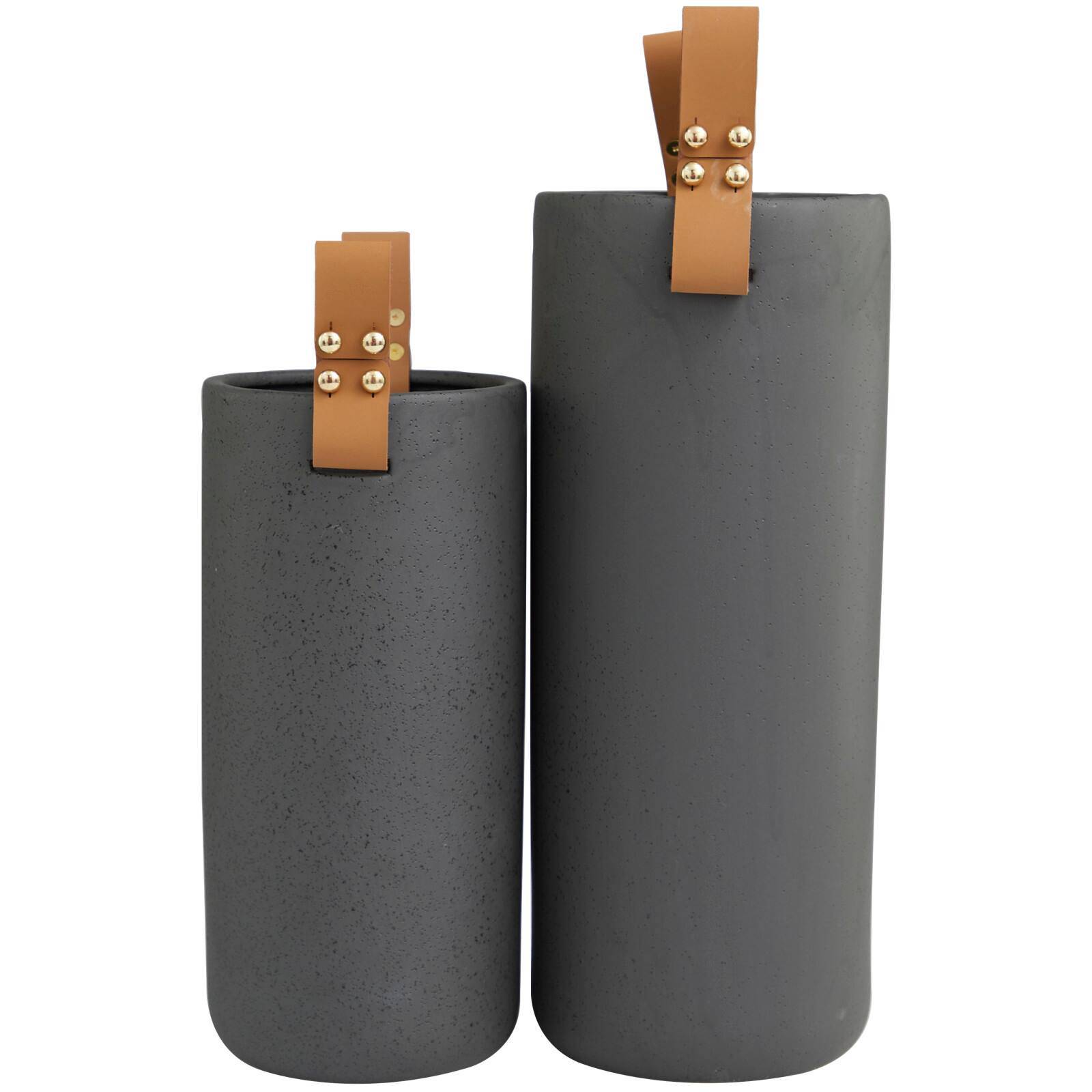Black Ceramic Vase with Faux Leather Handles Set