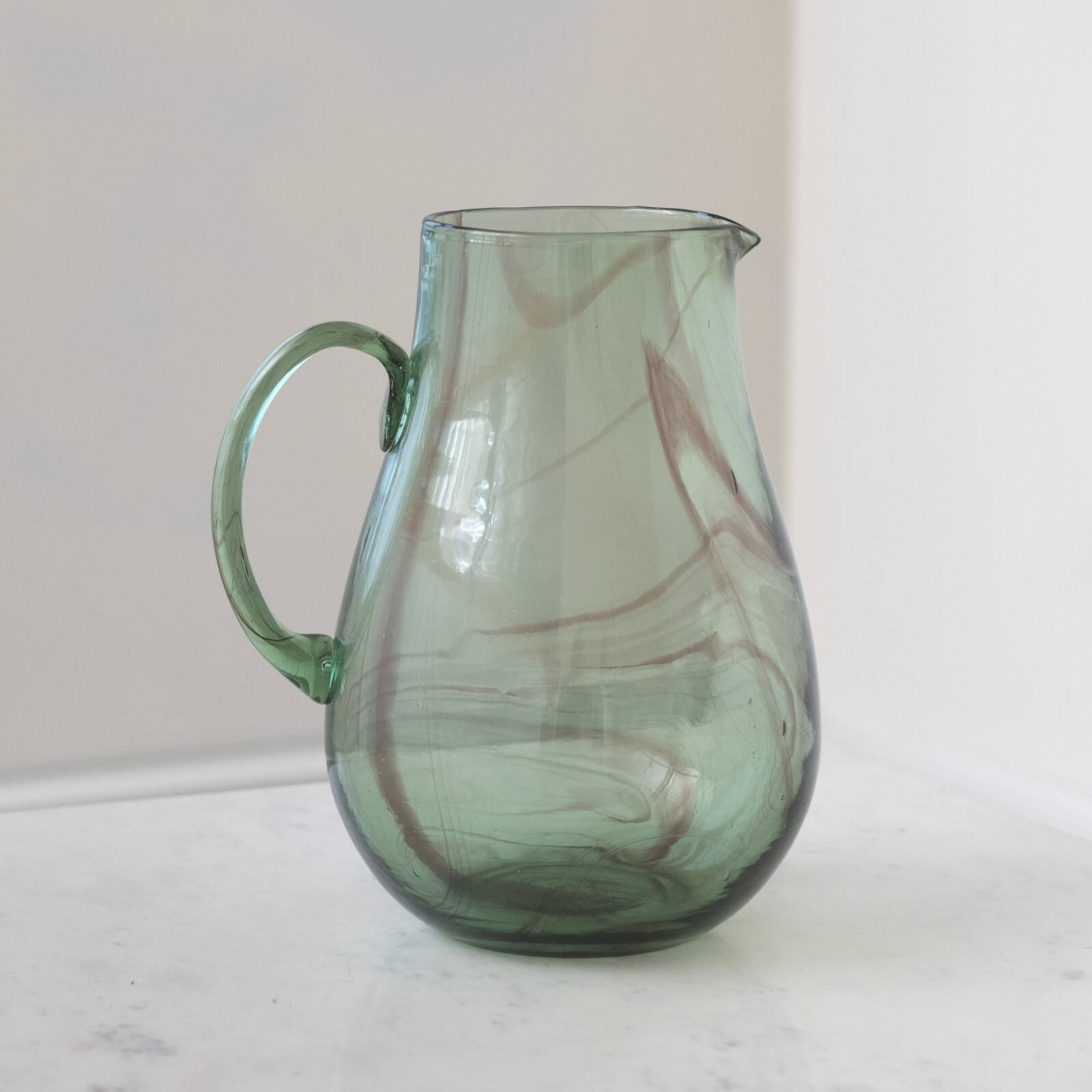 10&#x22; Green &#x26; Purple Marbled Elegance Hand-Blown Glass Pitcher