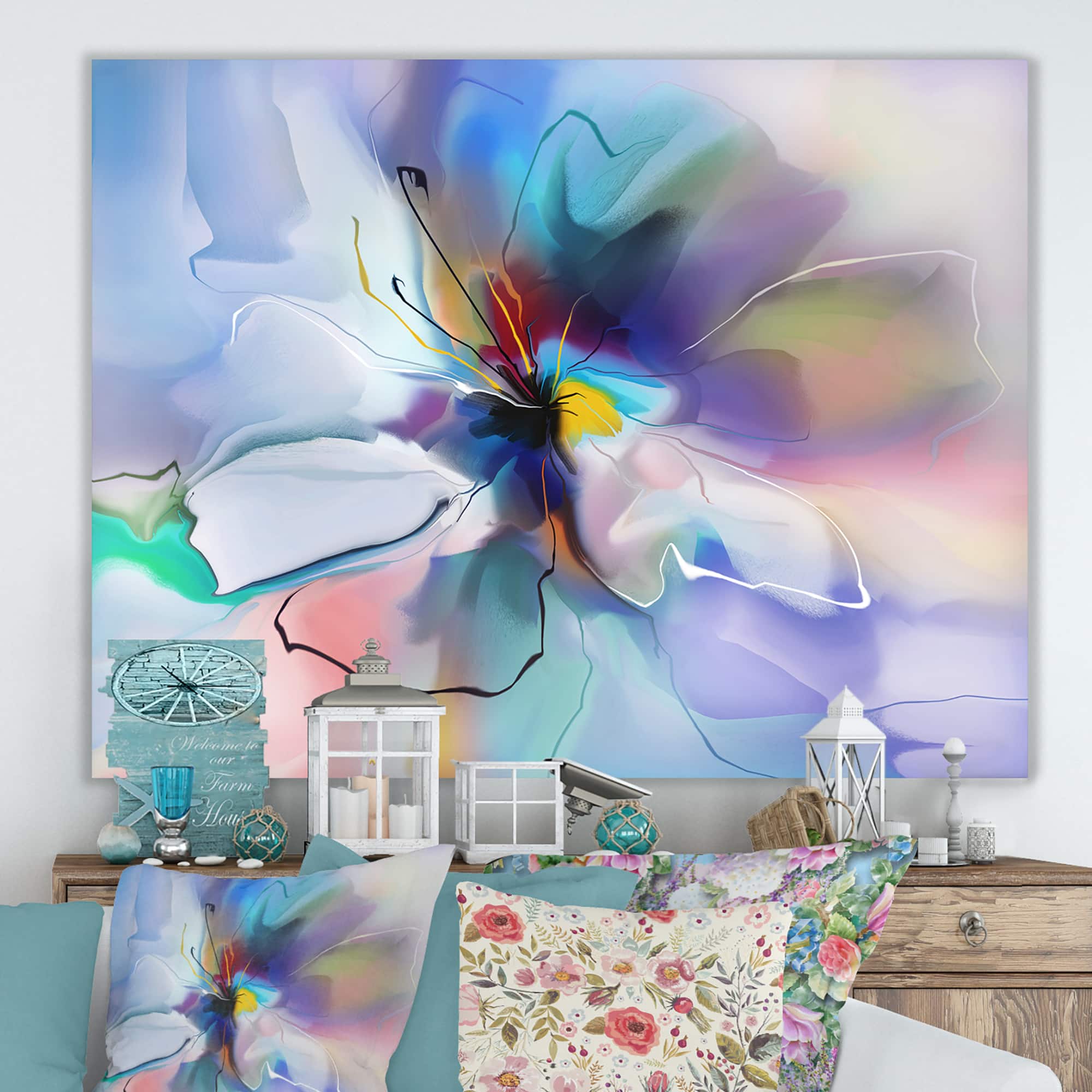 Designart - Abstract Creative Blue Flower - Extra Large Floral Wall Art