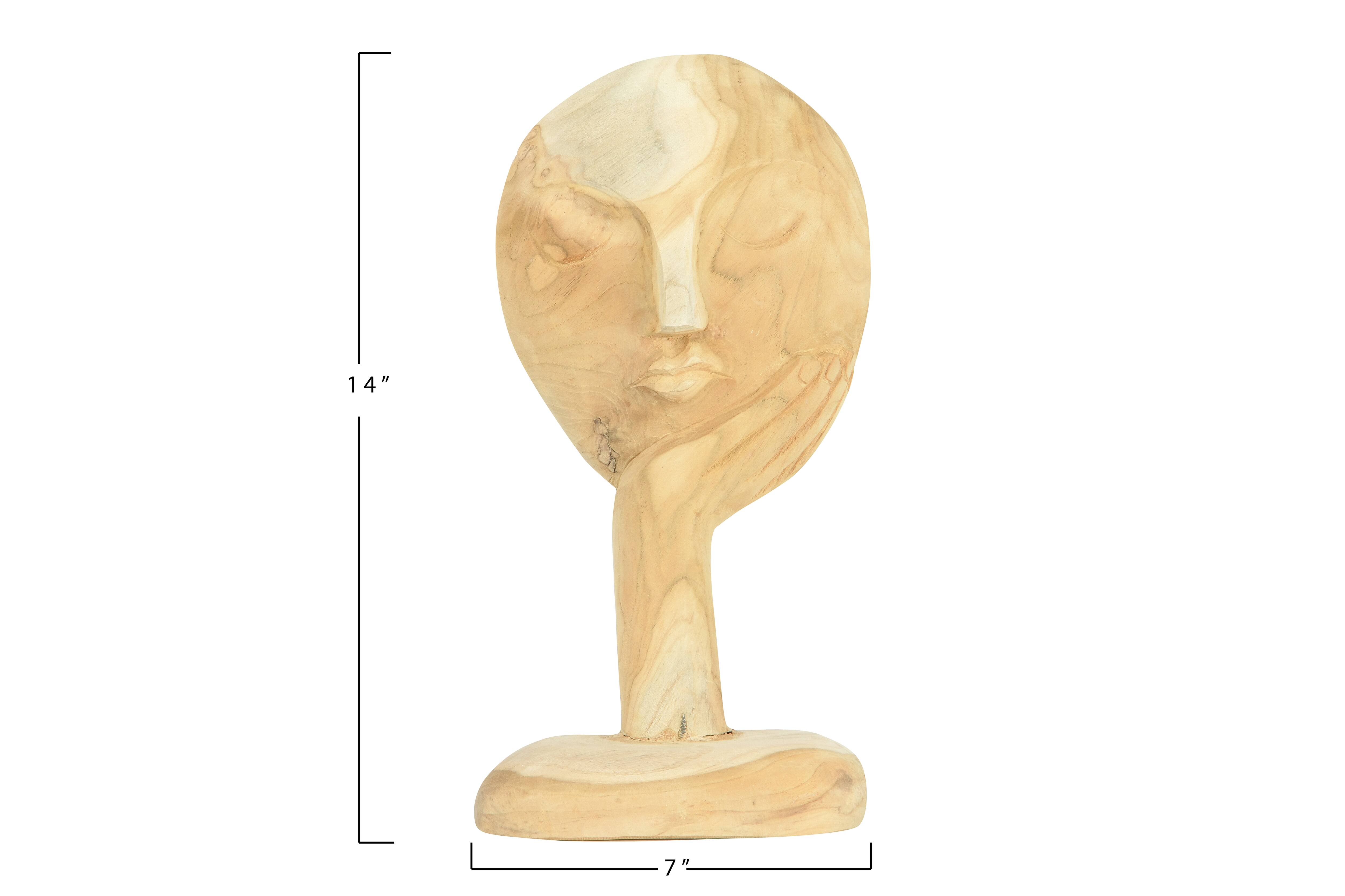 Hello Honey® 14" Hand-Carved Teak Wood Face Resting on Hand Figurine