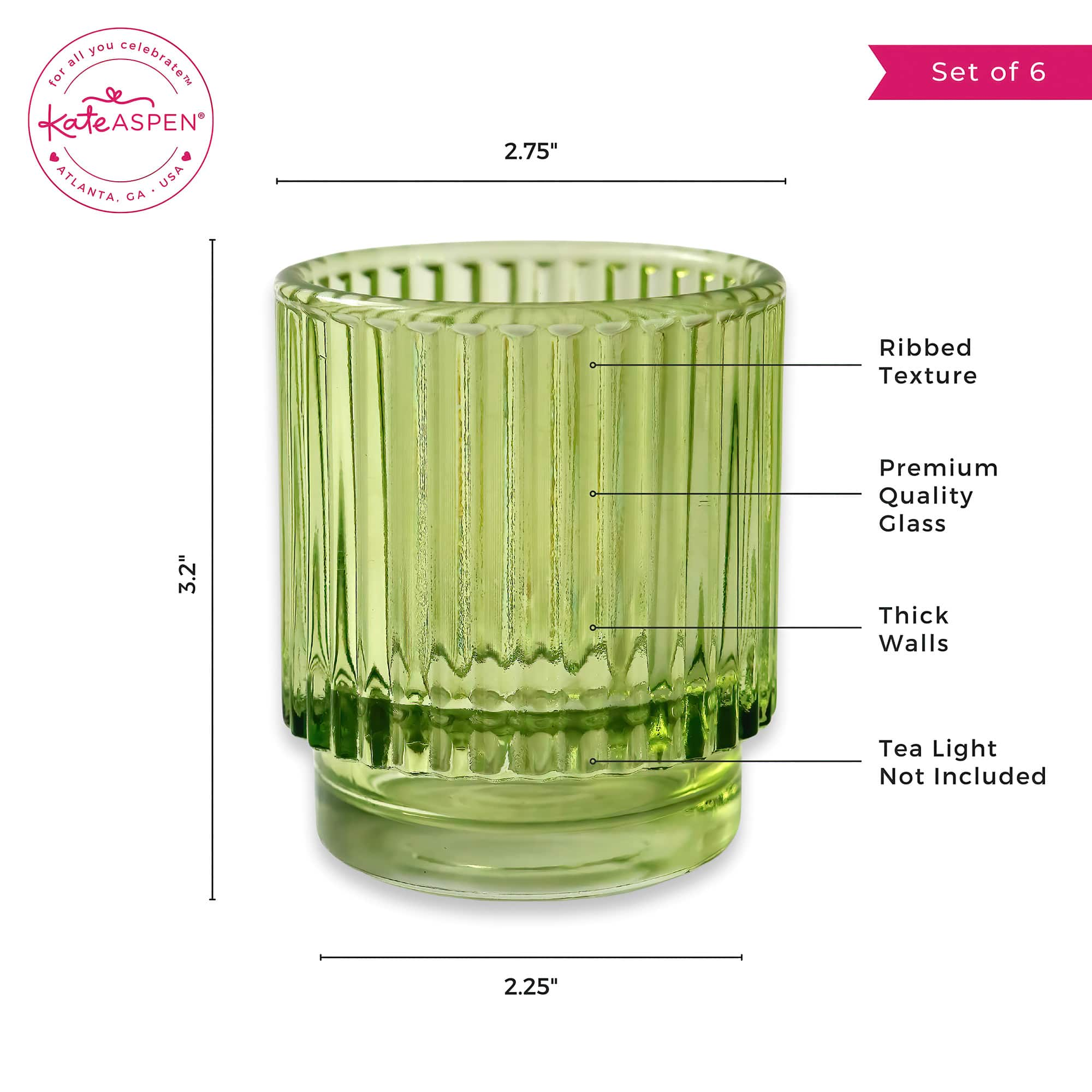 Kate Aspen Ribbed Green Glass Votive Candle Holder Set, 6ct.