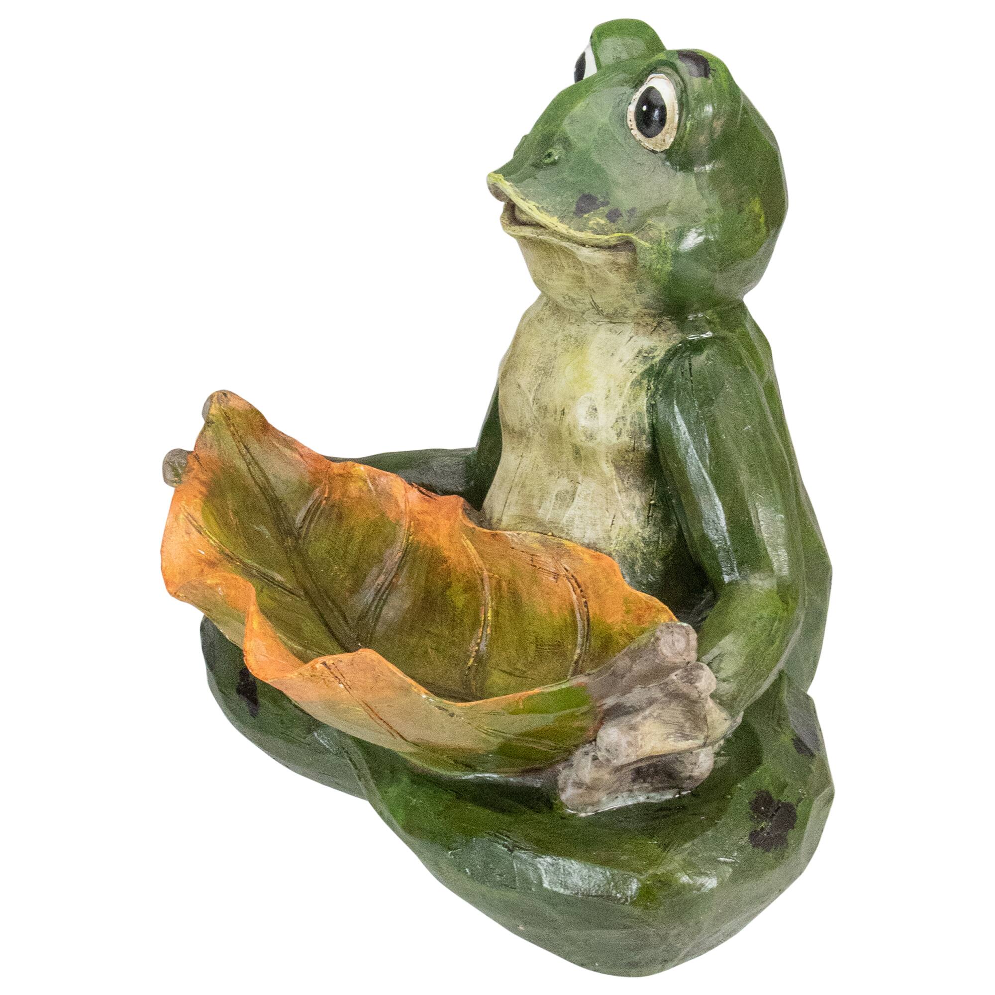 14&#x22; Green Frog With Leaf Birdfeeder Outdoor Garden Statue