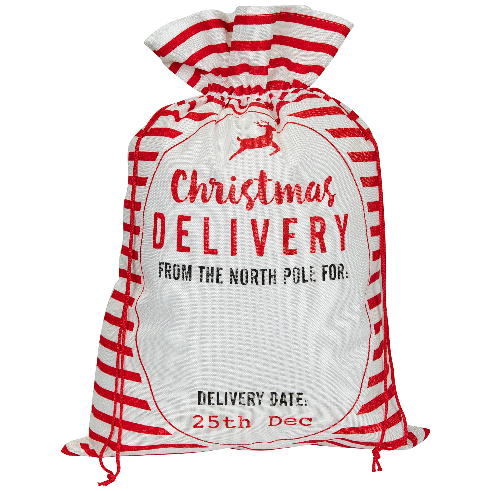 27" Beige & Red Striped Christmas Delivery Tie Gift Bag
