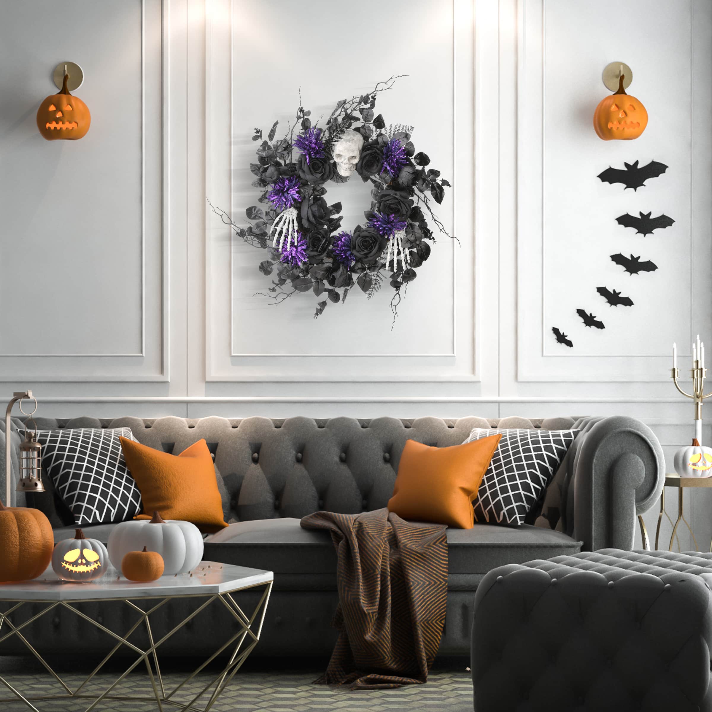 24&#x22; Halloween Skull &#x26; Purple Flowers Wreath