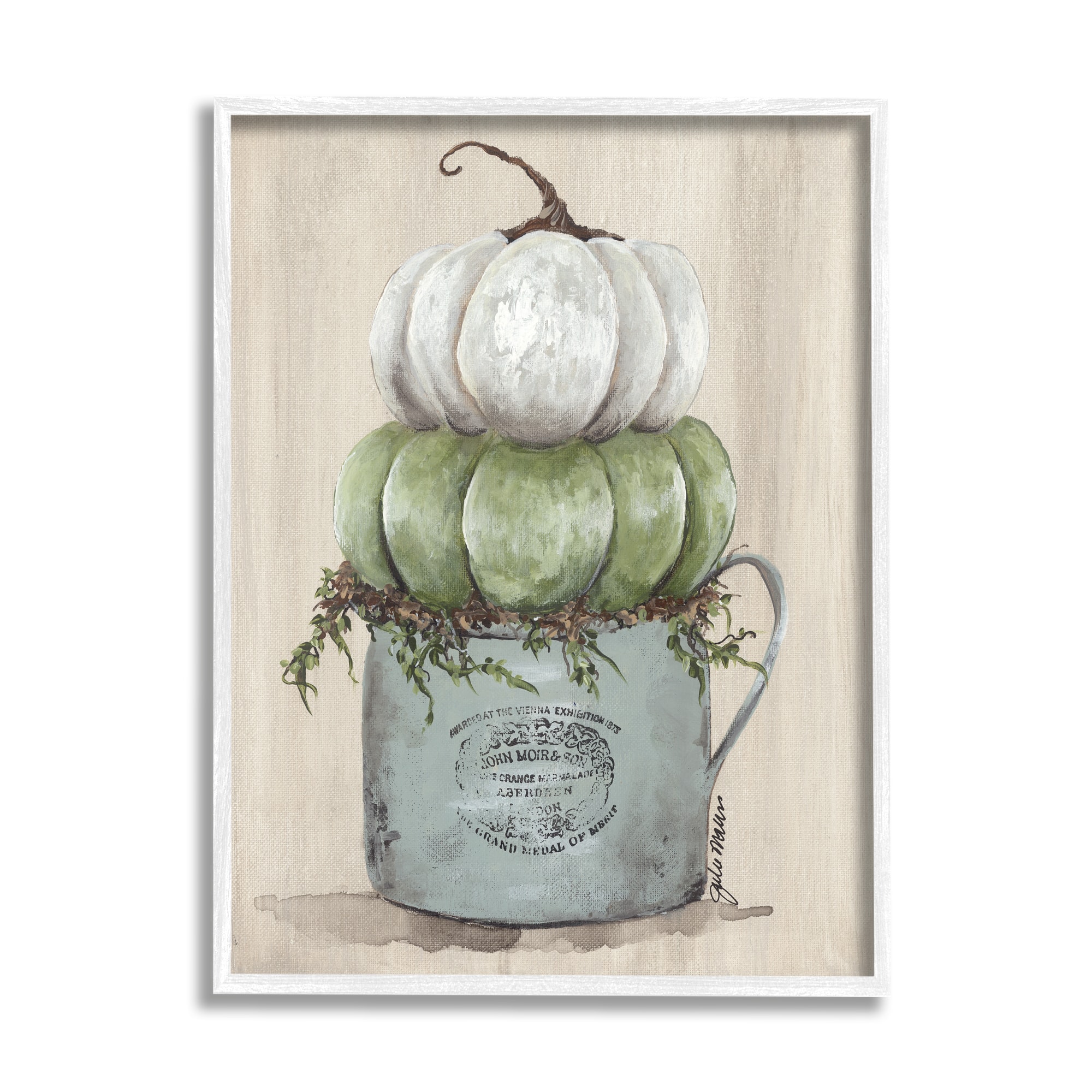 Stupell Industries Green White Harvest Pumpkins Country Jar Planter Framed Giclee Art
