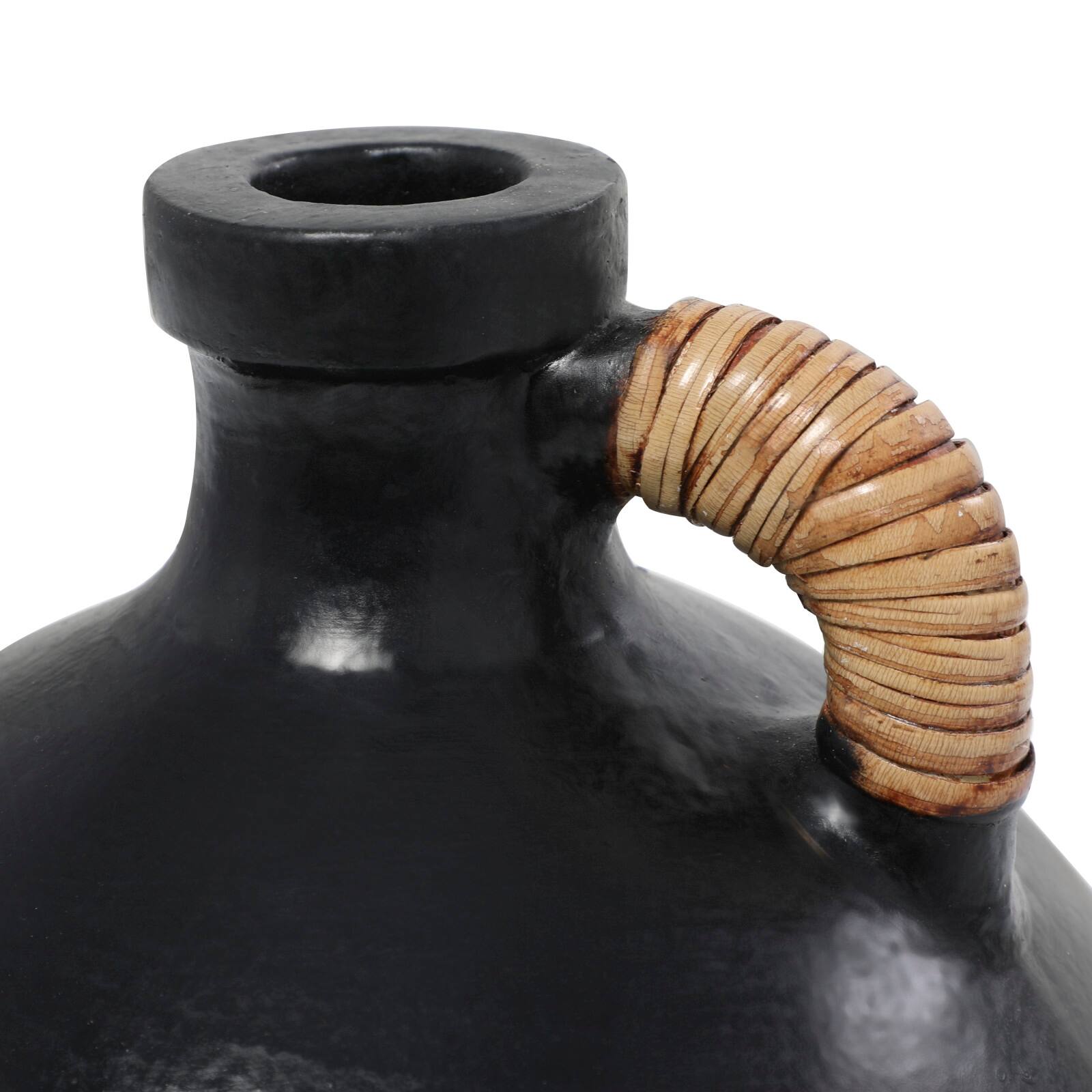11" Black Ceramic Jug Inspired Vase with Rattan Wrapped Handle