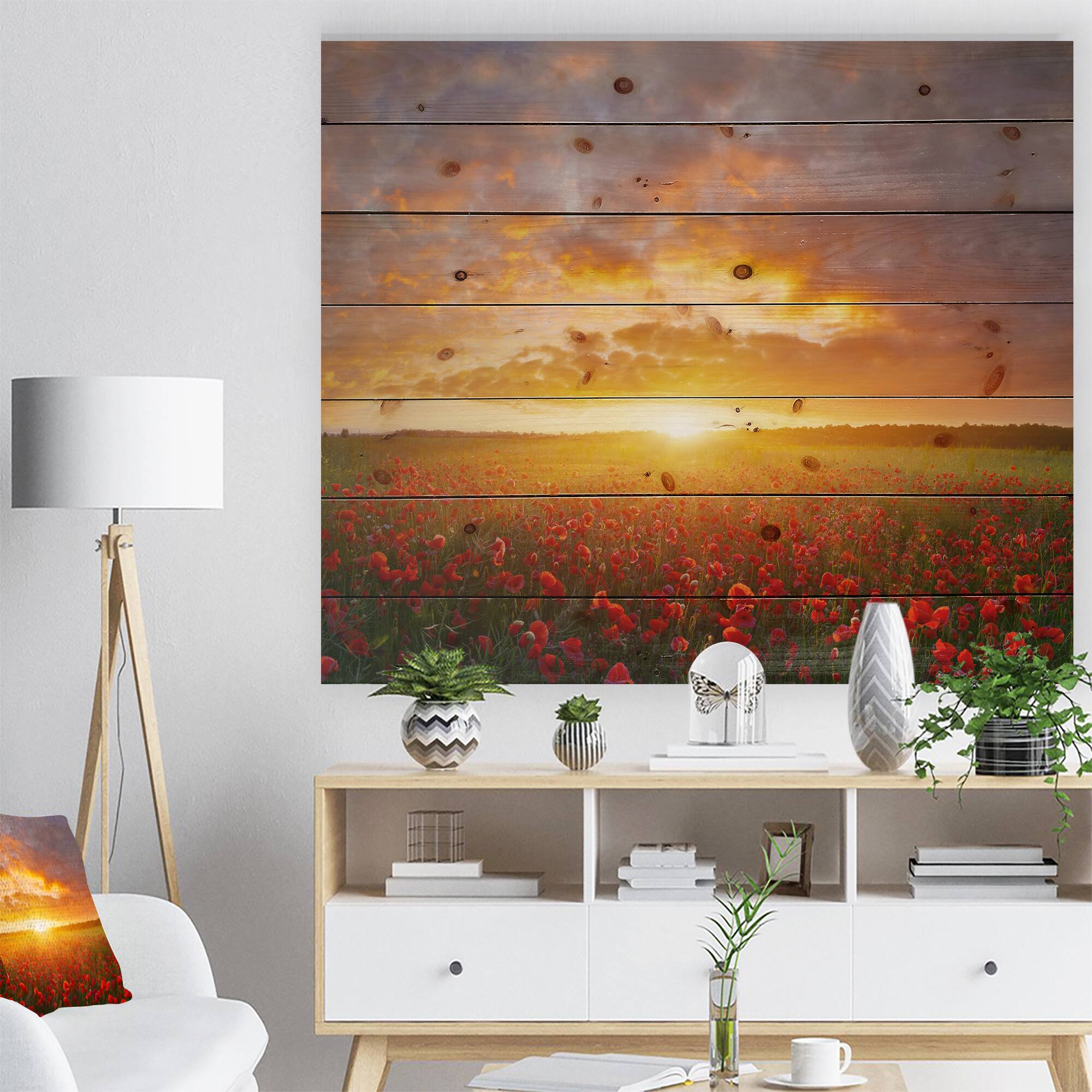 Designart - Poppy Field under Bright Sunset - Landscape Print on Natural Pine Wood