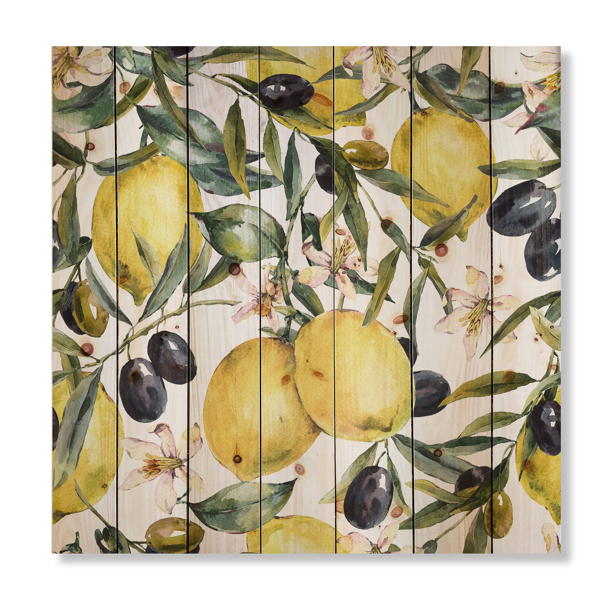 Designart - Lemon and Olive Branches I - Tropical Print on Natural Pine Wood