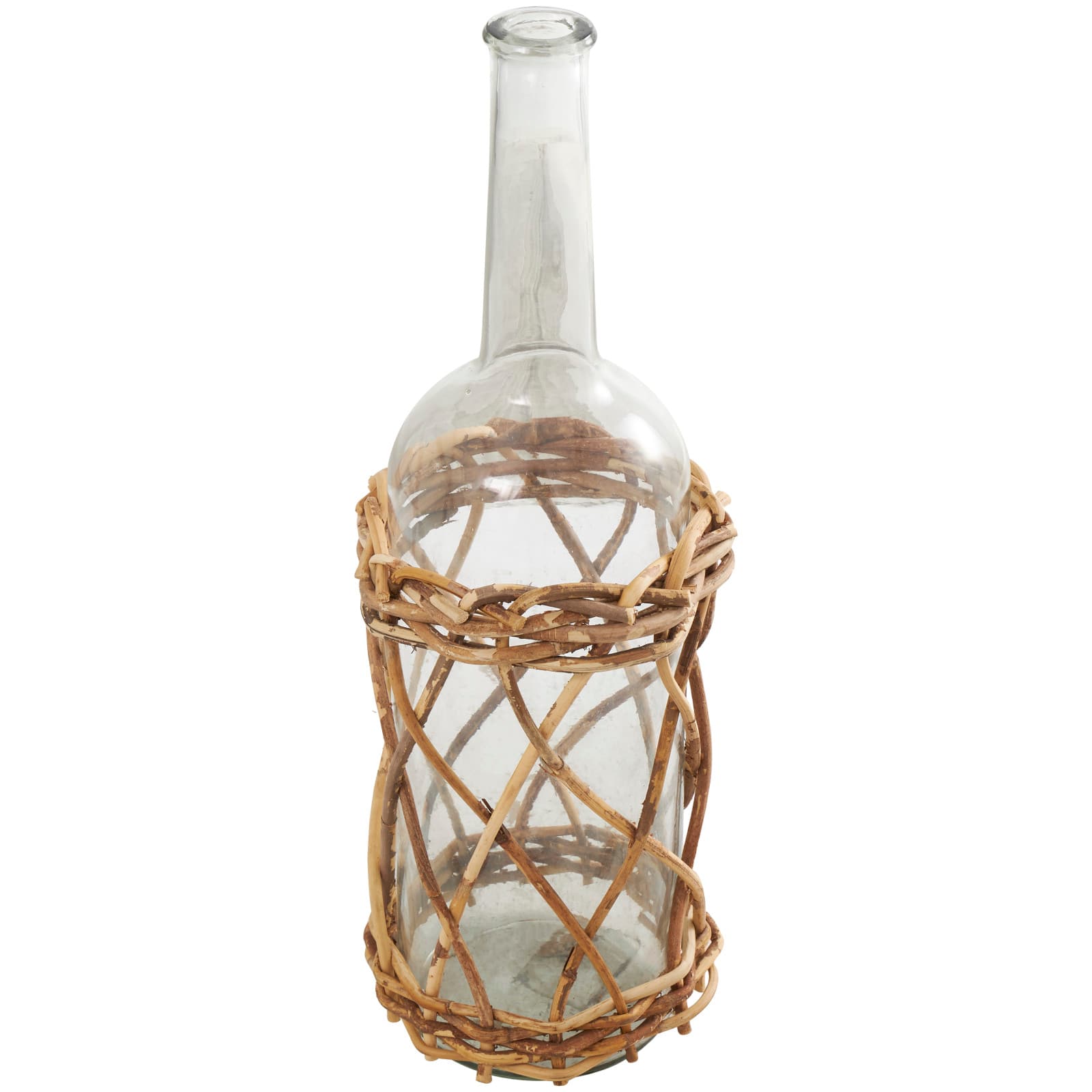 23" Clear Glass Handmade Tall Vase with Brown Rattan Woven Lower Body