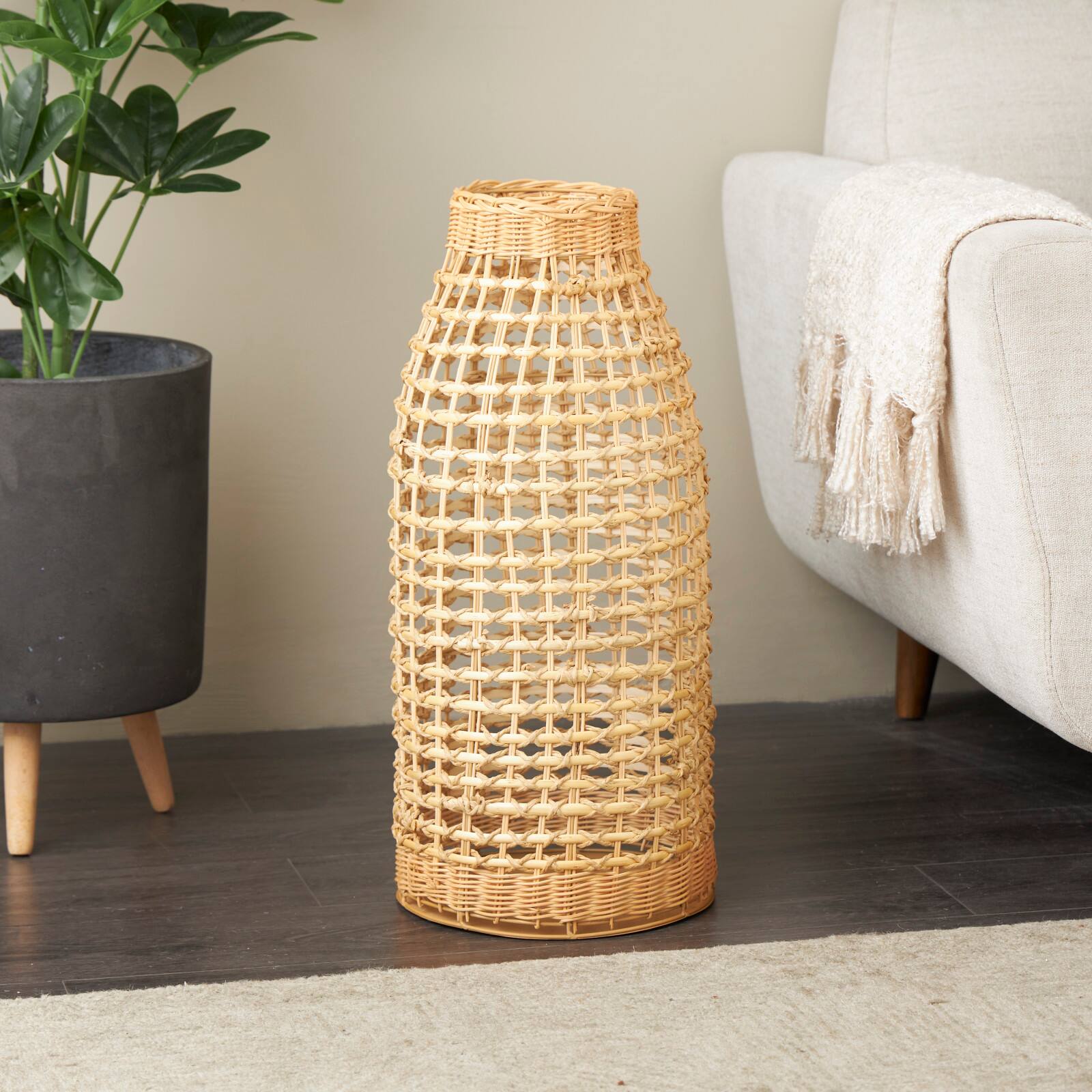 2ft. Brown Rattan Handmade Woven Vase with Open Framed Grid Design